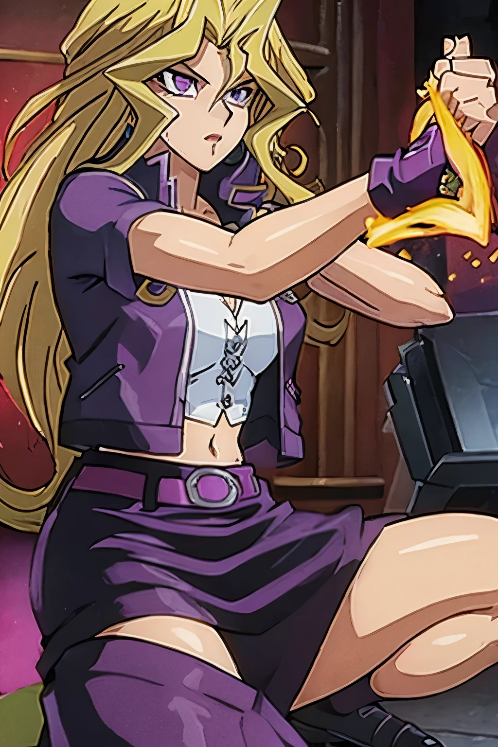 masterpiece,best quality,purple vest,purple pencil skirt,blond hair,fighting stance,spread legs,,long hair