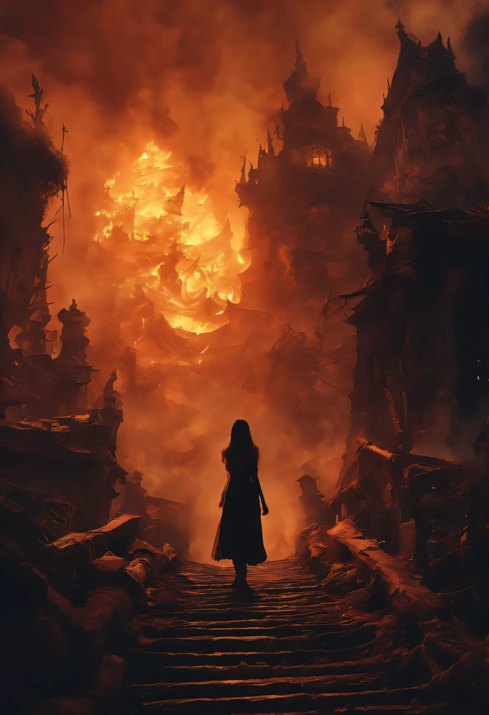 A doomsday scene,young girl in front, ruins, long stairs, dark, hell,Collapsed buildings,Rubble blocks,fire glow,dense smoke,shadow creatures, monsters, Zdzisław Beksiński style, inverted image,Sharp focus,Bokeh,depth of fields,Works of masters,super-fine,Hyper-realistic,8K,Best picture quality,Detailed description,movie lighting,cinematic perspective
