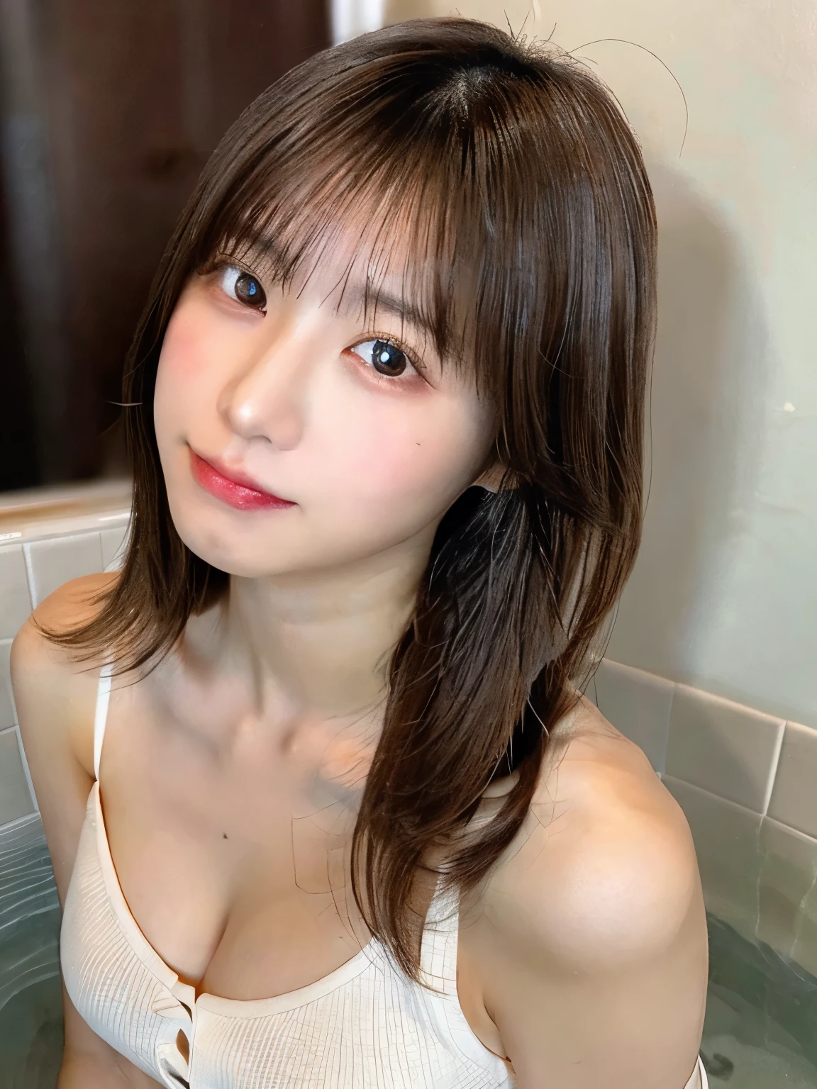 (masterpiece:1.3)、 (8k、photogenuineistic、Live shooting、best image quality:1.4)、18 year old japanese girl、sharp focus:1.2、highest quality、masterpiece、ultra high resolution、(from a little above:1.5)、looking at the viewer、shiny skin、genuine、dynamic pose、thin、(Sorry face:1.1)、 cute woman:1.4、(medium long hair)、light brown hair、(big :1.3)、(cleavage)、super detail face、eye for detail、double eyelid、alone、ふわふわのニッtoを着て、ベージュのコーto、Upper body、medium bath、to、tits、whole body