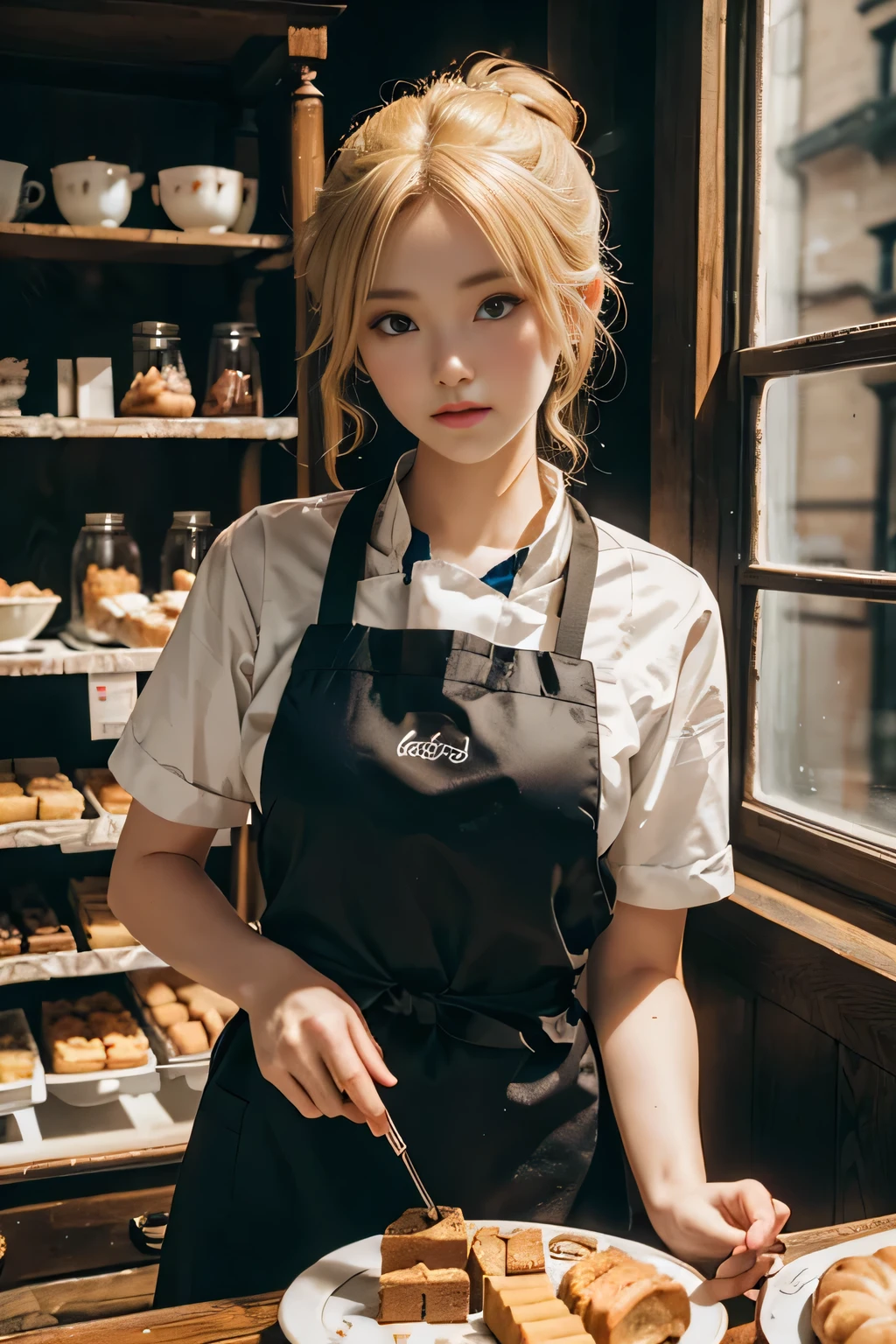 Girl with blonde hair, shop assistant, pastry shop assistant, pastry chef, aprons, plate in hand (high quality), (delicate face), very detailed, highest quality, professional lighting, award-winning image.