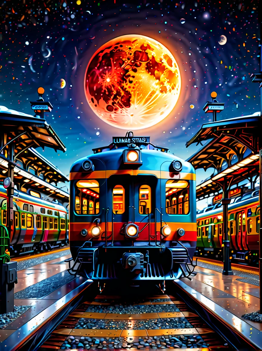 (best quality,8k,high resolution,masterpiece),Super fine,(1.4x more realism),HDR,UHD,studio lighting,Super fine,sharp focus,Physically based rendering,Extremely detailed description,major,Vivid colors,Bokeh,(A train station in a lunar crater:1.5),Beautiful lighting,science fiction fantasy,full of details,concept art,dramatic lighting,science fiction art,stunning ripples,soft focus,rich colors,Full of life,Energetic,Paintings by Caspar David Friedrich