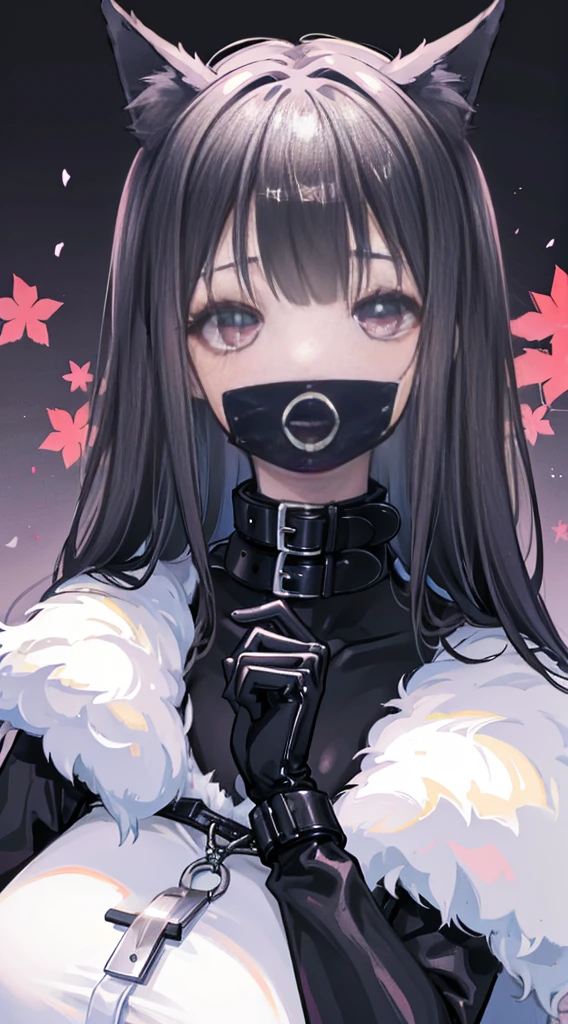 high quality, masterpiece, super detailed, 1 girl,  extremely detailed faces, gagged，gagged，Christmas black latex full body suit，black gloves，black christmas stocking tiara，gagged，BDSM,handcuffs，collar，Calm expression,Smile，handcuffs，collar，long black hair, Charming pink eyes, fox ears, ridiculously big, skin shiny, sitting on the snow，Cover your chest with your hands，Bright Christmas night scene