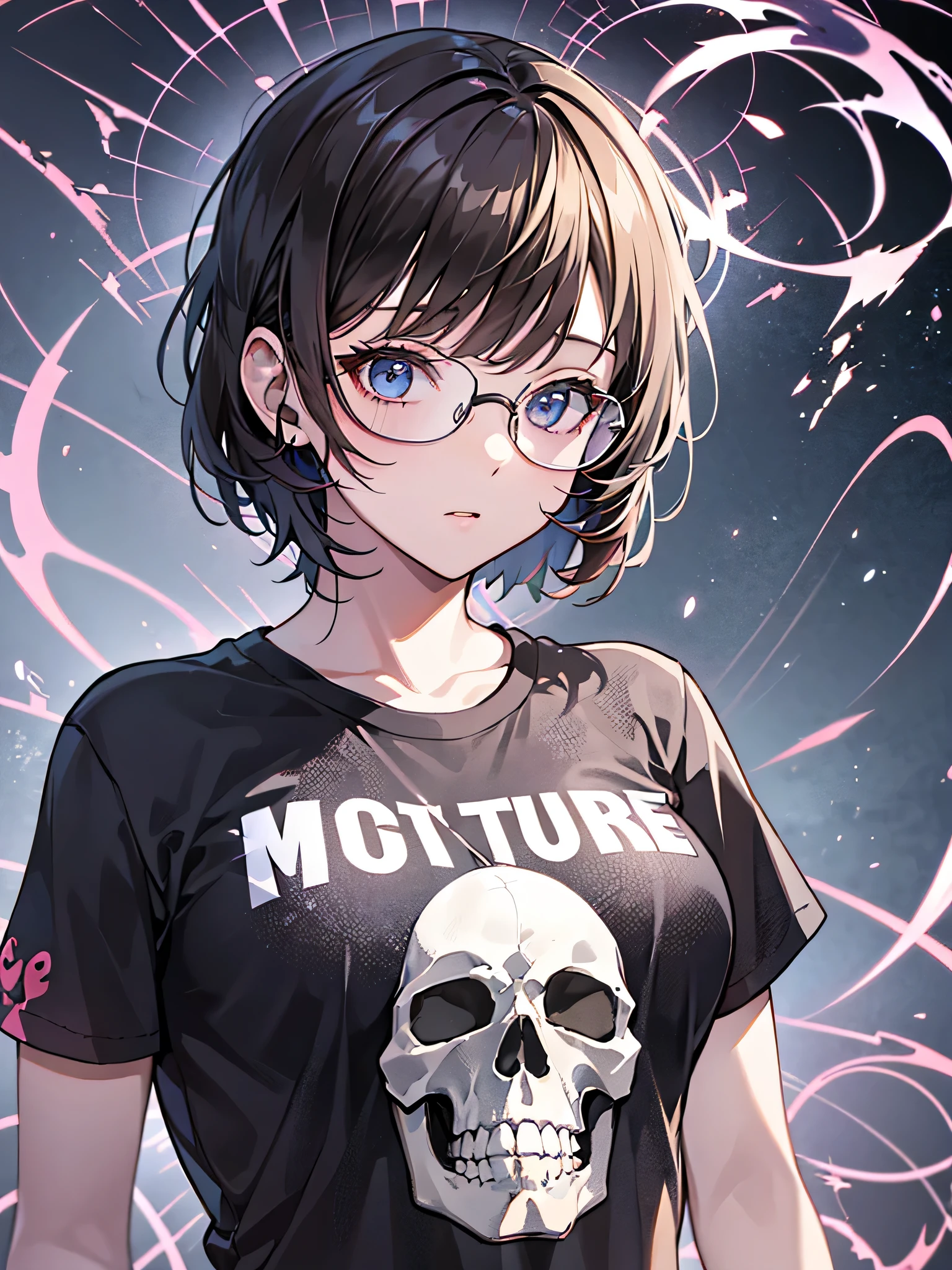 cute t-shirt designs, The strongest beautiful girl of all time, beloved character, stylish glasses, highest quality, short hair, dynamic pose, HDR, Detailed details, skull fashion, detailed clothing texture