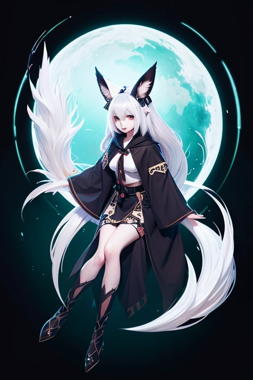 fox ears white hair girl，full body esbian，Painting of a black-haired fox sitting on a branch，fantastic fox，Kyuubiの狐，three tailed fox，onmyoji detailed art，Kyuubi，Beautiful artwork illustration，mythical creatures，Red fox，beautiful digital artwork，exquisite digital illustration，mizutsune , mythical creaturesワイルドネットからインスピレーションを得た，pixiv digital art，strong light，high contrast，horror movie themes，dark atmosphere
