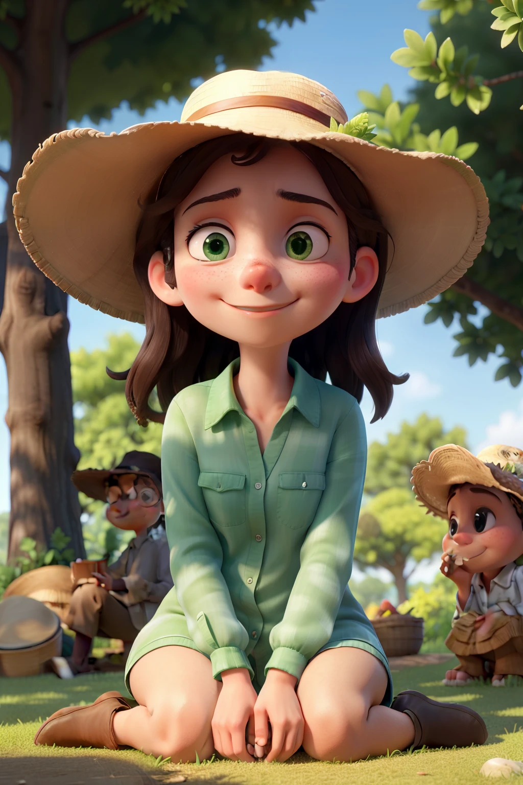 A figure with sensitive skin, wearing a wide-brimmed hat and long-sleeved shirt, sits relaxed under the shade of a large tree, shielding themselves from the allergic reaction caused by sunlight. The person's eyes peek out from beneath the brim of their hat, watching as beads of sweat form on their forehead in the cool breeze. The grass at their feet appears green and lush in the dappled shade, a soothing contrast to the harsh glare of the sun.