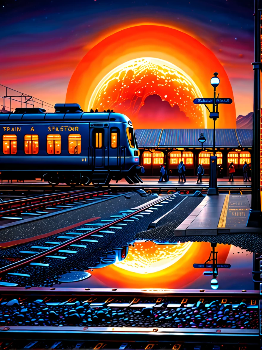 （best quality，8k，high resolution，masterpiece），Super fine，（1.4x more realism），HDR，UHD，studio lighting，Super fine，sharp focus，Physically based rendering，Extremely detailed description，major，Vivid colors，Bokeh，(A train station in a lunar crater:1.5)，Beautiful lighting，science fiction fantasy，full of details，concept art，dramatic lighting，science fiction art，stunning ripples，soft focus，rich colors，Full of life，Energetic，Paintings by Caspar David Friedrich