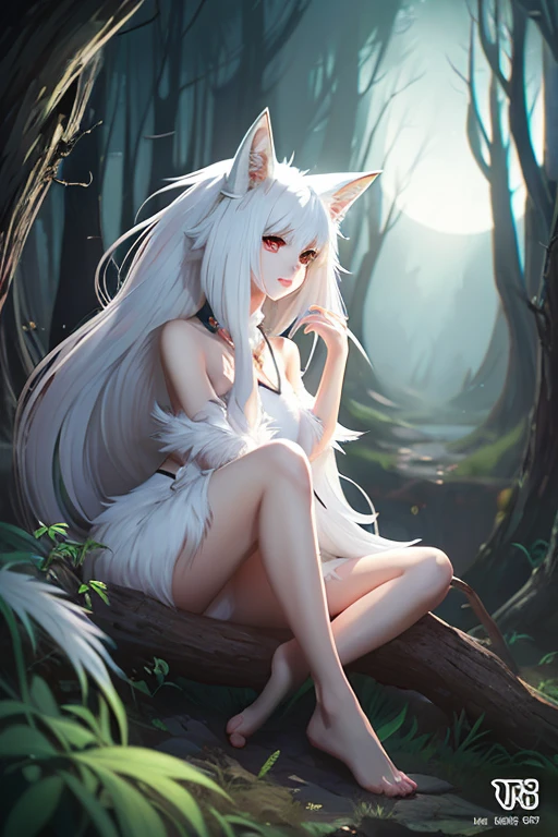 3D、Realistic feeling、fox ears white hair girl,full body esbian,Drawing of a white-haired fox sitting on a branch,fantastic fox,Kyuubiの狐,three tailed fox,onmyoji detailed art,Kyuubi,Beautiful artwork illustration,mythical creatures,Red fox,beautiful digital artwork,exquisite digital illustration,mizutsune , mythical creaturesワイルドネットからインスピレーションを得た,pixiv digital art,strong light,high contrast,horror movie themes,dark atmosphere