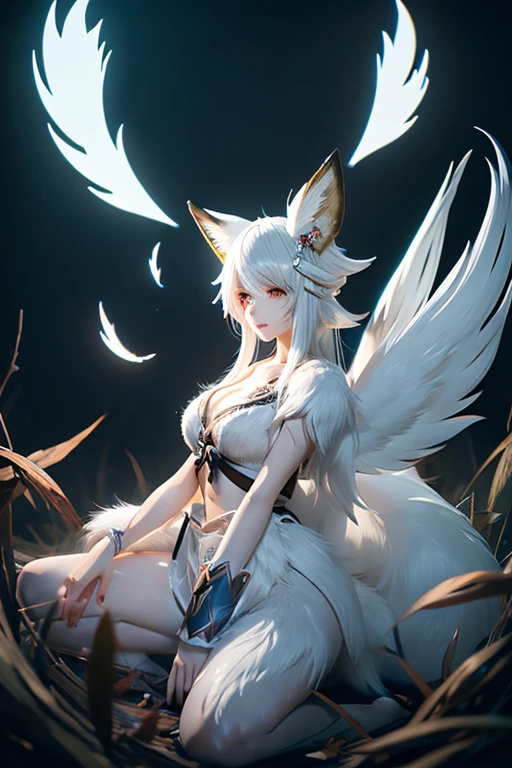 Fairy fox, flat chest , short hair, yellow hair, anthropomorphic, full body, wingless, yellow tail, butt