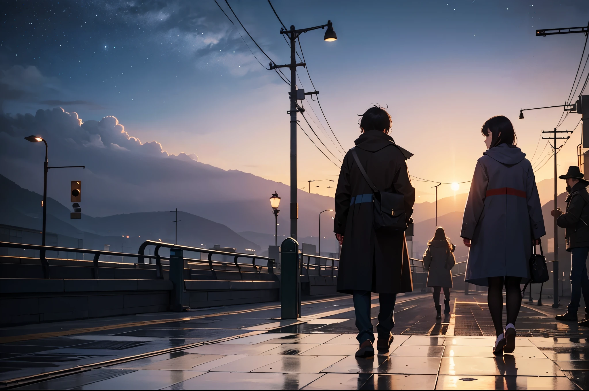 comics, bright starry sky. romantic train station, Xin Haicheng's pictures, pure, concept art, Lofi Art style, reflection. author:Xin Haicheng, Lofi Art, Beautiful anime scene, anime scenery, Detailed Landscape—Width 672, Xin Haicheng's style, Xin Haicheng的風格, Enhance details.