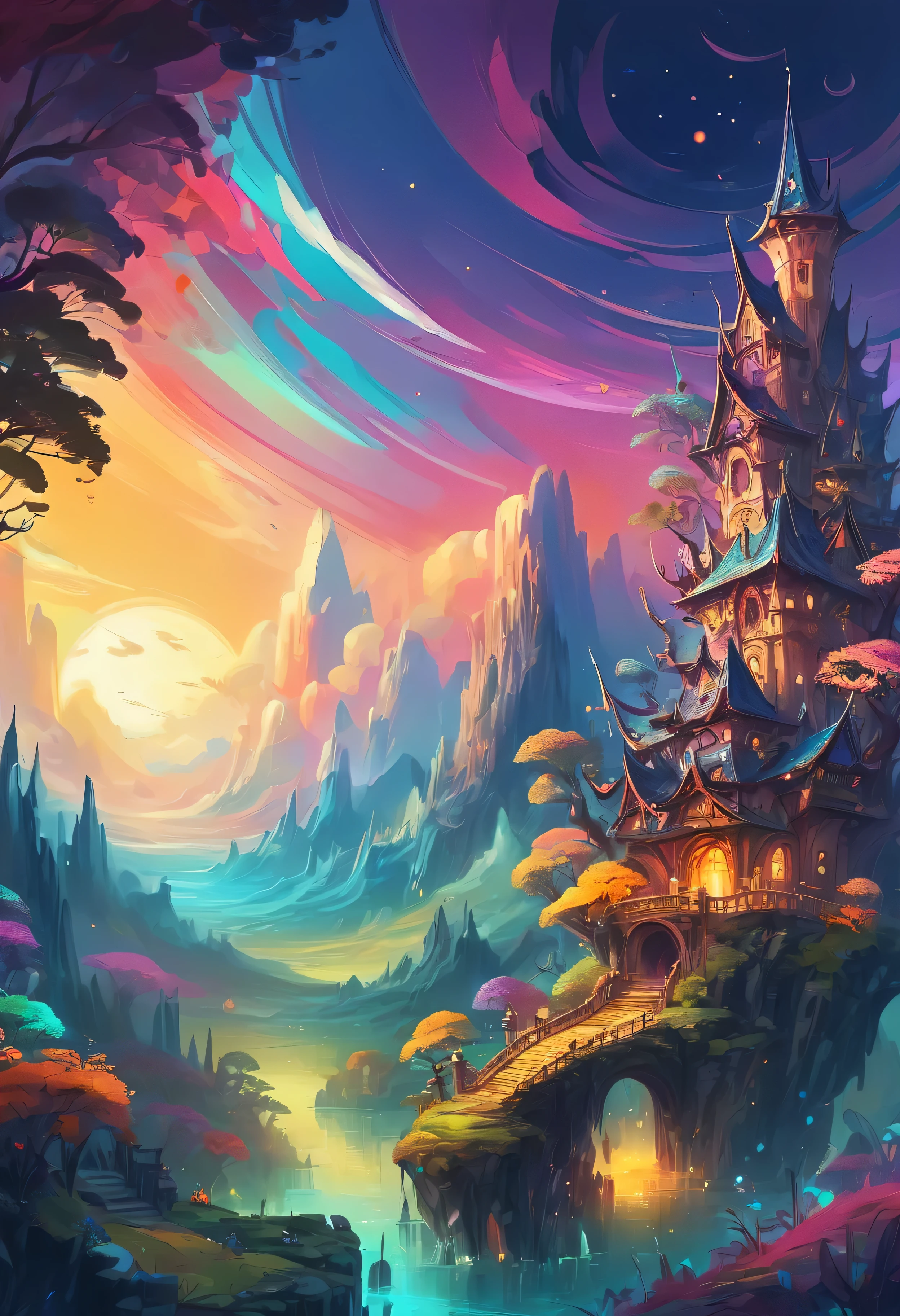 Abstract style fantasy world . Non-representational, colors and shapes, expression of feelings, imaginative, highly detailed