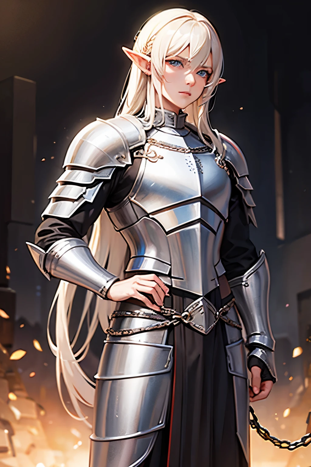half-elf male knight in chain mail armor