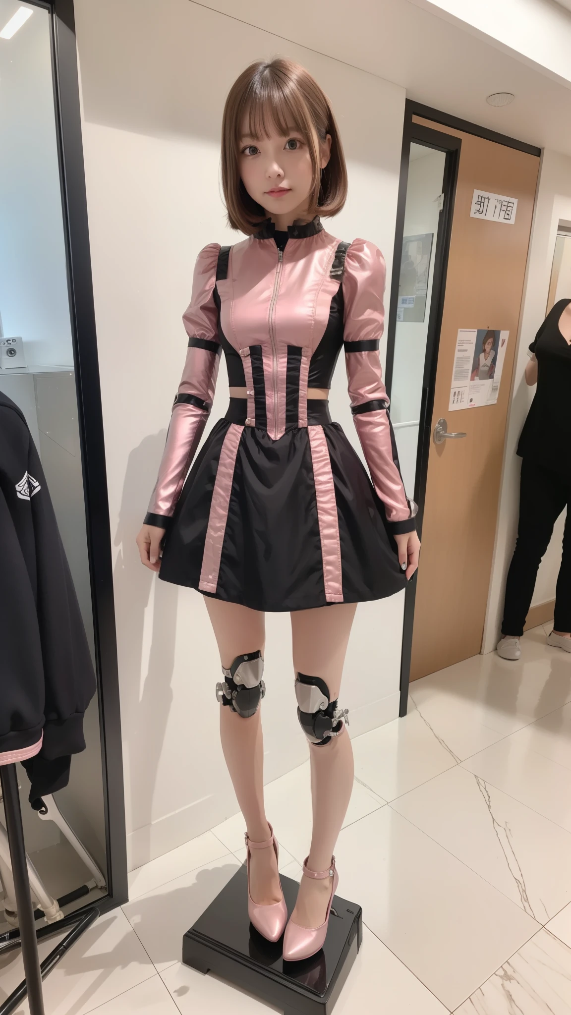 Robot Girl, pink there, Silver, Metallic body, Robot Parts, Metal Parts, Super Detailed Face, Super well-formed face, of the highest quality, a small face, a small head, Brown hair, Slender body, Camera gaze, Internal Mechanical Exposure, Idol, front facing, Well-proportioned body, sale, Exhibited, Event Hall, Moe Pose, pink metallic ta dress machine armor, Standing with legs open, Model body type, sad, Embarrassing,(Perfect Robot Girl),(Perfect machine body)
