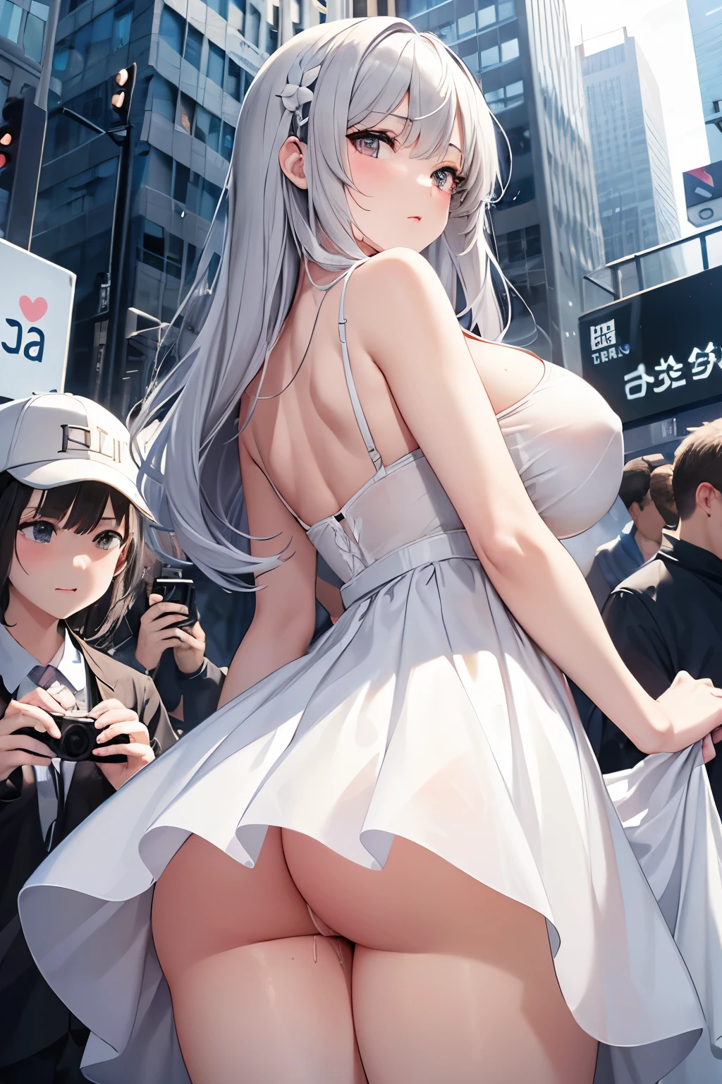white dress、Directly below、from below、love juice、No panties、gray hair、pussy、lower body、Voyeurism、camera、city、crowd、molestation、big breasts、older sister、in front of people、