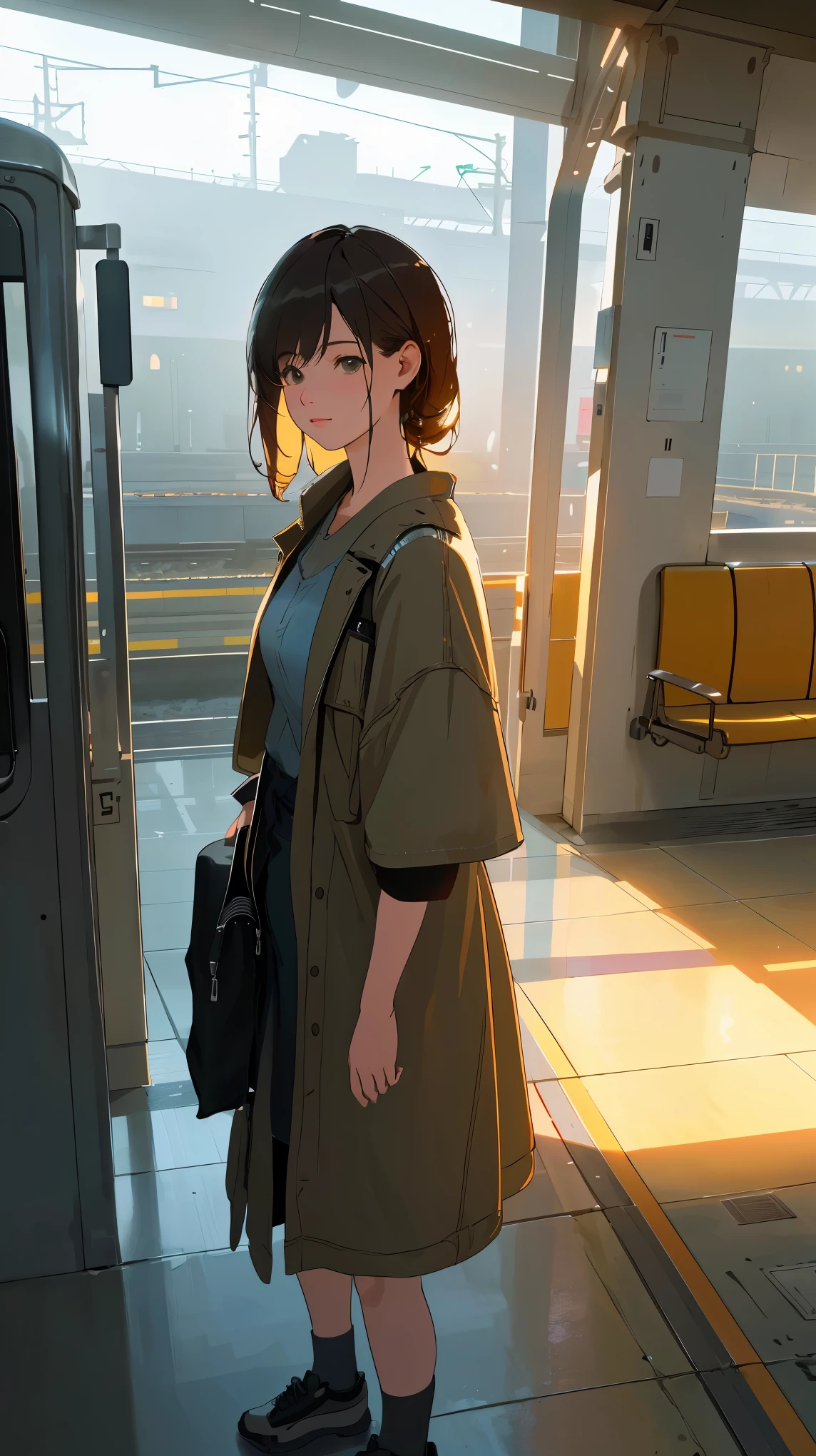 A person waiting for a train in a quiet atmosphere,soft lighting,deserted seats,outside view,train station Medium: illustration Image quality: (best quality,4k,8k,highres,masterpiece:1.2),ultra-detailed,(realistic,photorealistic,photo-realistic:1.37),HDR,UHD,studio lighting,sharp focus,physically-based rendering,extreme detail description,professional Art style: realistic Color tone: soft tones Lighting: soft and soothing