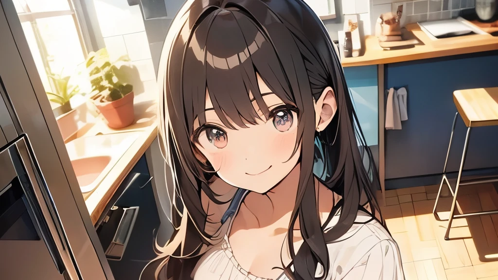 20 year old woman、hair is brown、long hair、eyes are big、very smiling、one&#39;s home、Standing in the kitchen