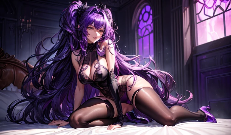 very tall (195 cm), gothic, full body girl, pink glowing iris, long black wavy hair, sexy purple underwear. stockings, high hills purple shoes, big cupped breasts, detailed, toned legs, commanding presence, subtle smile, wet skin, shiny lips, pony hair, streaked hair, clenched teeth, fit, on black bed sheet,