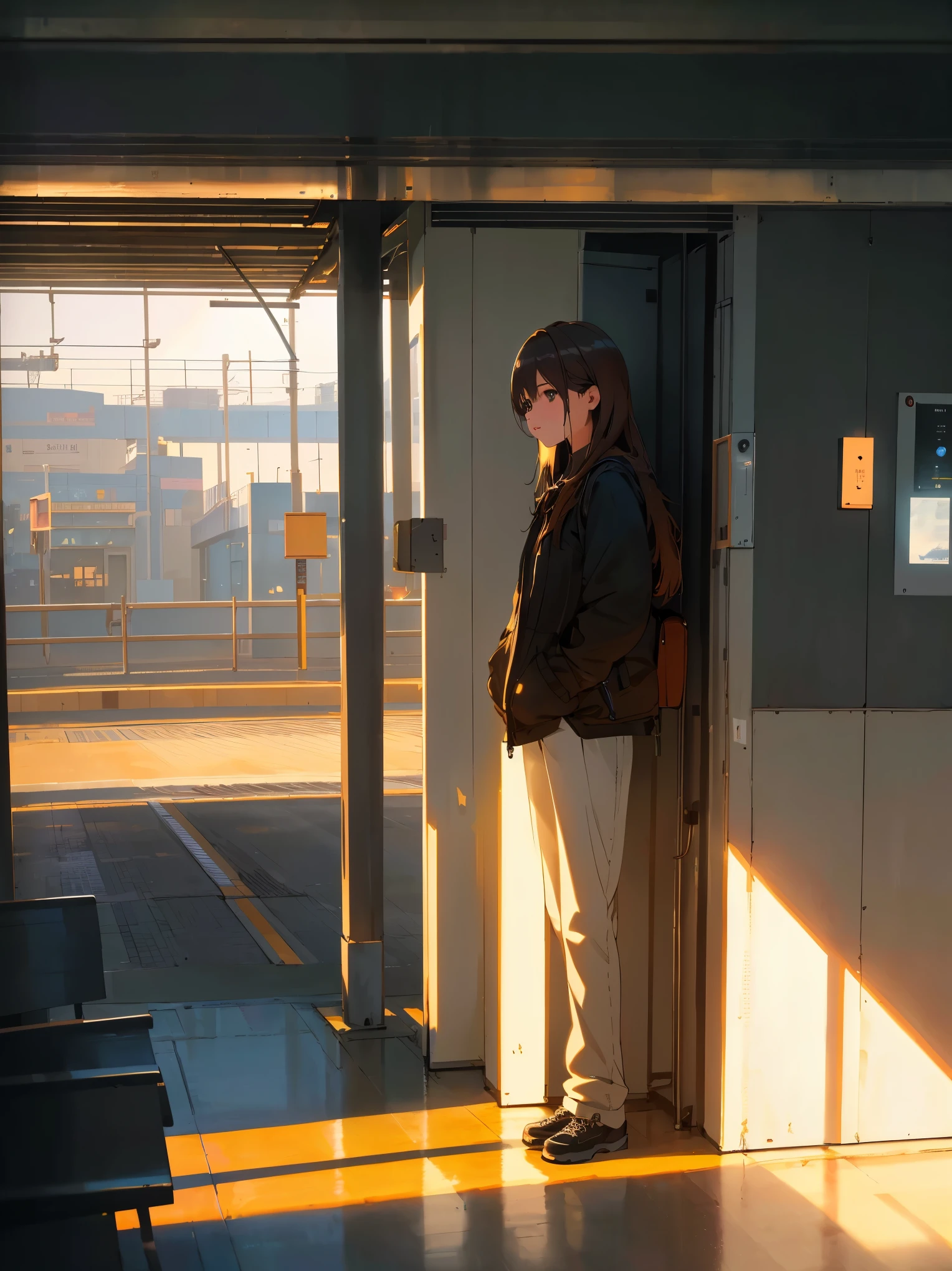 A person waiting for a train in a quiet atmosphere,soft lighting,deserted seats,outside view,train station Medium: illustration Image quality: (best quality,4k,8k,highres,masterpiece:1.2),ultra-detailed,(realistic,photorealistic,photo-realistic:1.37),HDR,UHD,studio lighting,sharp focus,physically-based rendering,extreme detail description,professional Art style: realistic Color tone: soft tones Lighting: soft and soothing