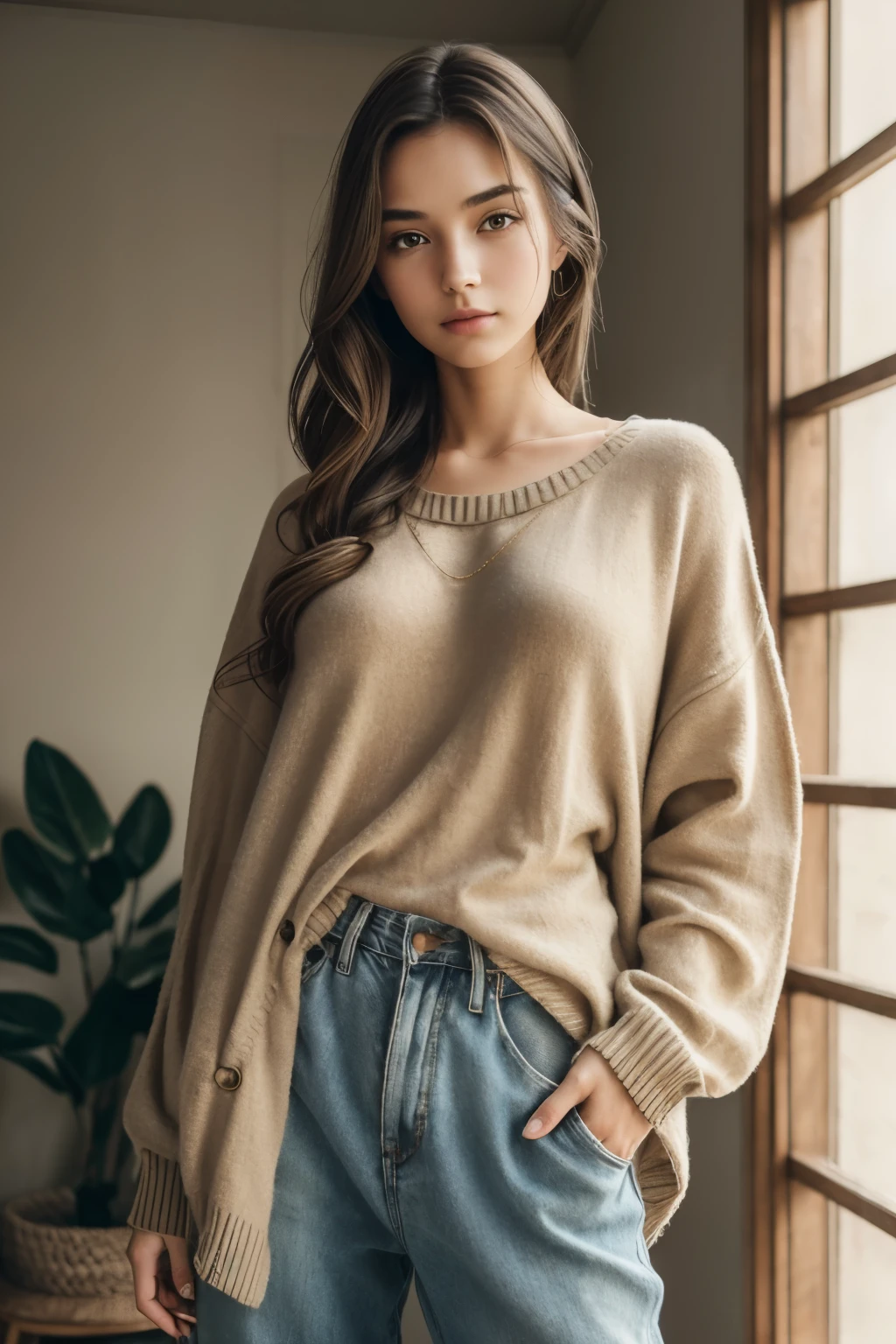 Masterpiece, A young woman with loose clothing, ((relaxed, comfortable: 0.5)), casual yet charming demeanor, ((slender frame: 1.1)), clothes always be too loose, (oversized sweater and baggy jeans), (loose hair: 1.2), natural makeup, (wrinkled fabric: 1.3), vintage aesthetic, (warm, relaxed lighting: 1.5), (soft focus: 1.2), (Canon EOS 5D Mark IV), (film-like grain: 1.1), (muted, earth-toned colors: 1.2), (Low-key lighting), (intimate