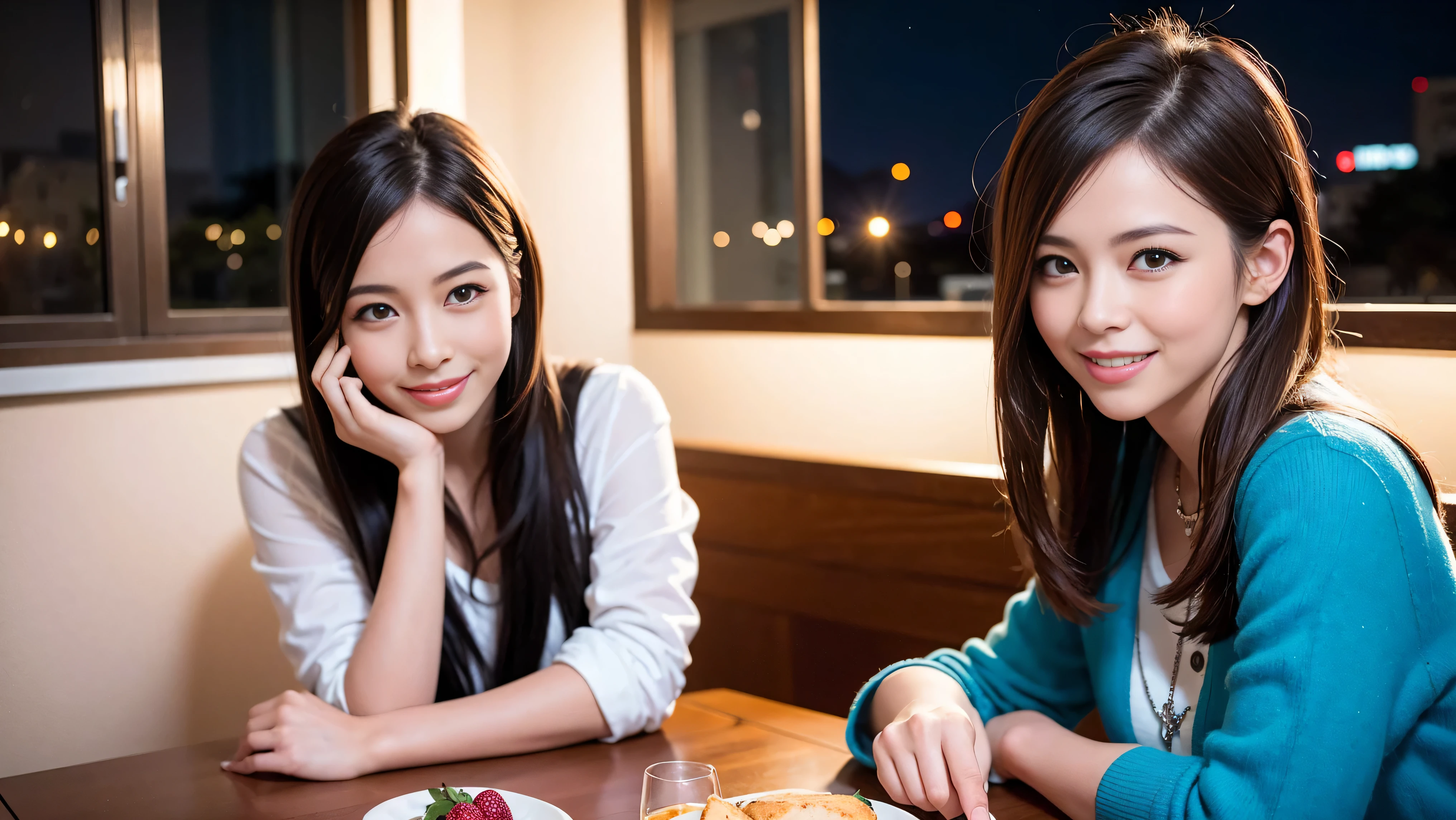 64k, Hmm, highest quality, masterpiece: 1.2), (realistic, photorealistic: 1.37), Spectacular view of the sunset sky and clouds、Amazing mountain views、slimな美女3名, (slimフェイス),Happy、 最高なsmile、Fox face、Berry Short、(because I&#39;thin), (brown hair), (shortcut), long sleeve shirt、winter fashion、Colombian、Brazilian、Japanese、Dutch、German、Portuguese、Belgian、Italian、French,Champagne、sparkling wine、 (Squirting), (slimボティ), (brown hair), (shortcut), neat beauty、cheeks turn a little red, (35 years old), 38 years old, alone, A beautiful and detailed night view spreads out outside the window......, restaurant, wine glassが座っている, At night, in a prominent place (from the Upper body) nova frog style, actress, model, Upper body, White wine, slim, wine glass, Very beautiful night view, wine glass Put in the Middle, Happy smile, (smile: 1.15), 