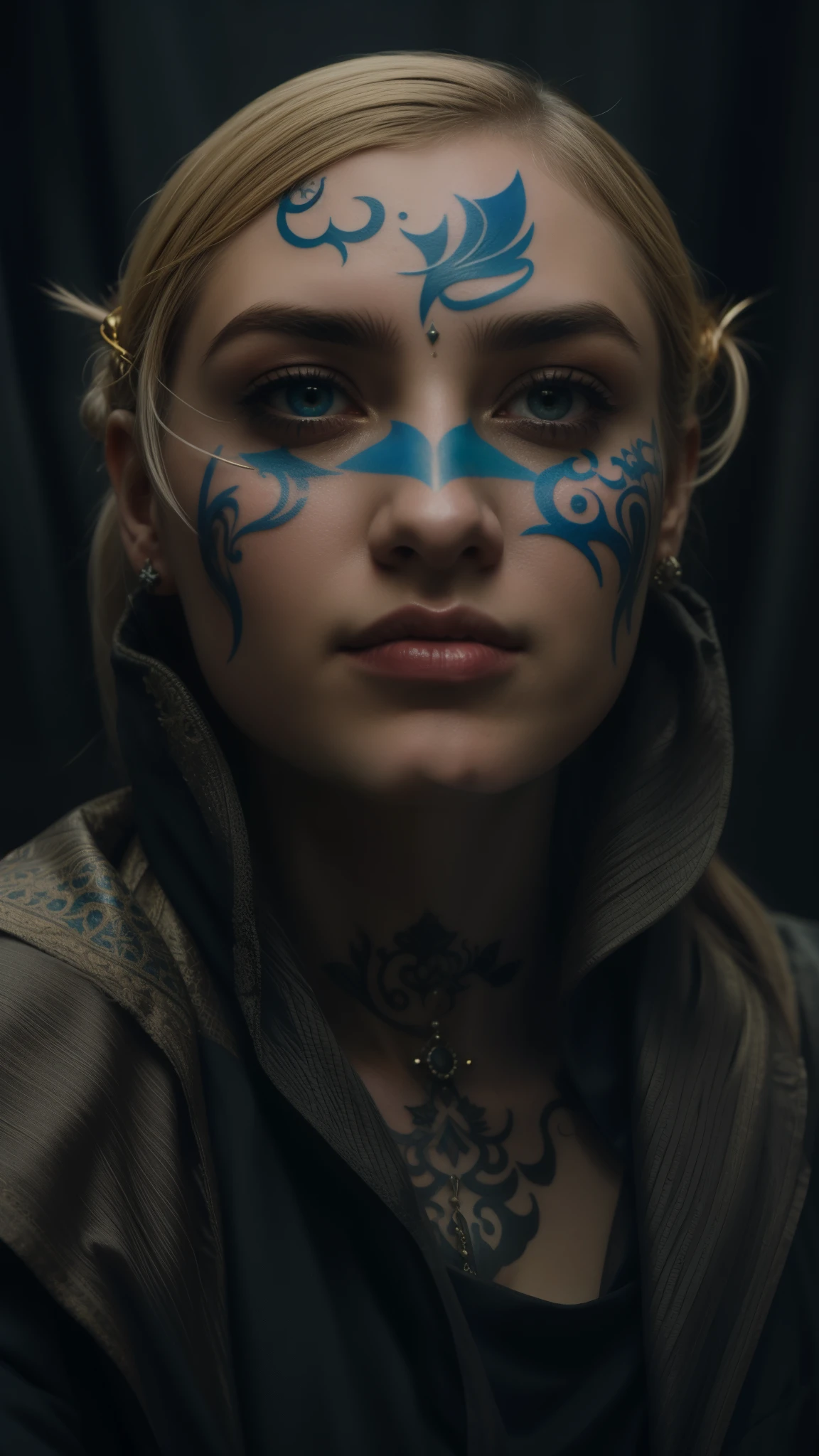 Mujer arafed con pintura facial azul y capucha., imogen poots como un guerrero santo, con tatuajes de runas en la cara, retrato de elfo muy hermoso, primer retrato de un mago, retrato de una bruja elfa, imogen poots as holy paladin, beautiful cyberpunk girl face, fantasy character portrait, Close-up of the cinematic goddess.