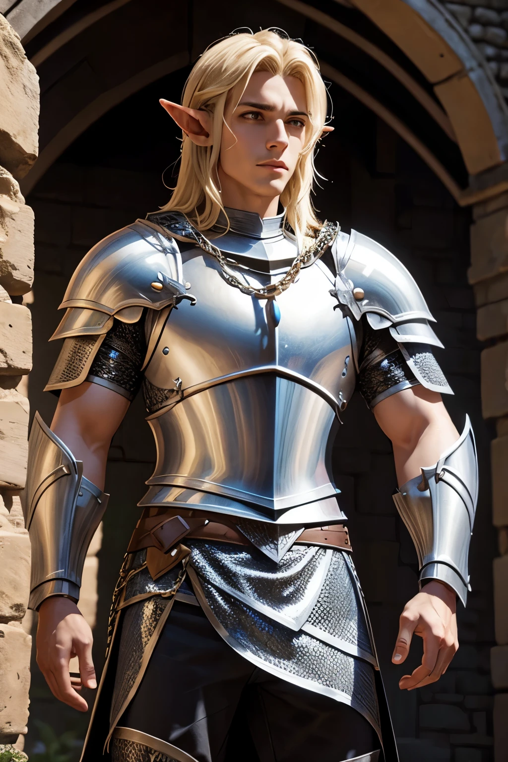 half-elf male knight in chain mail armor