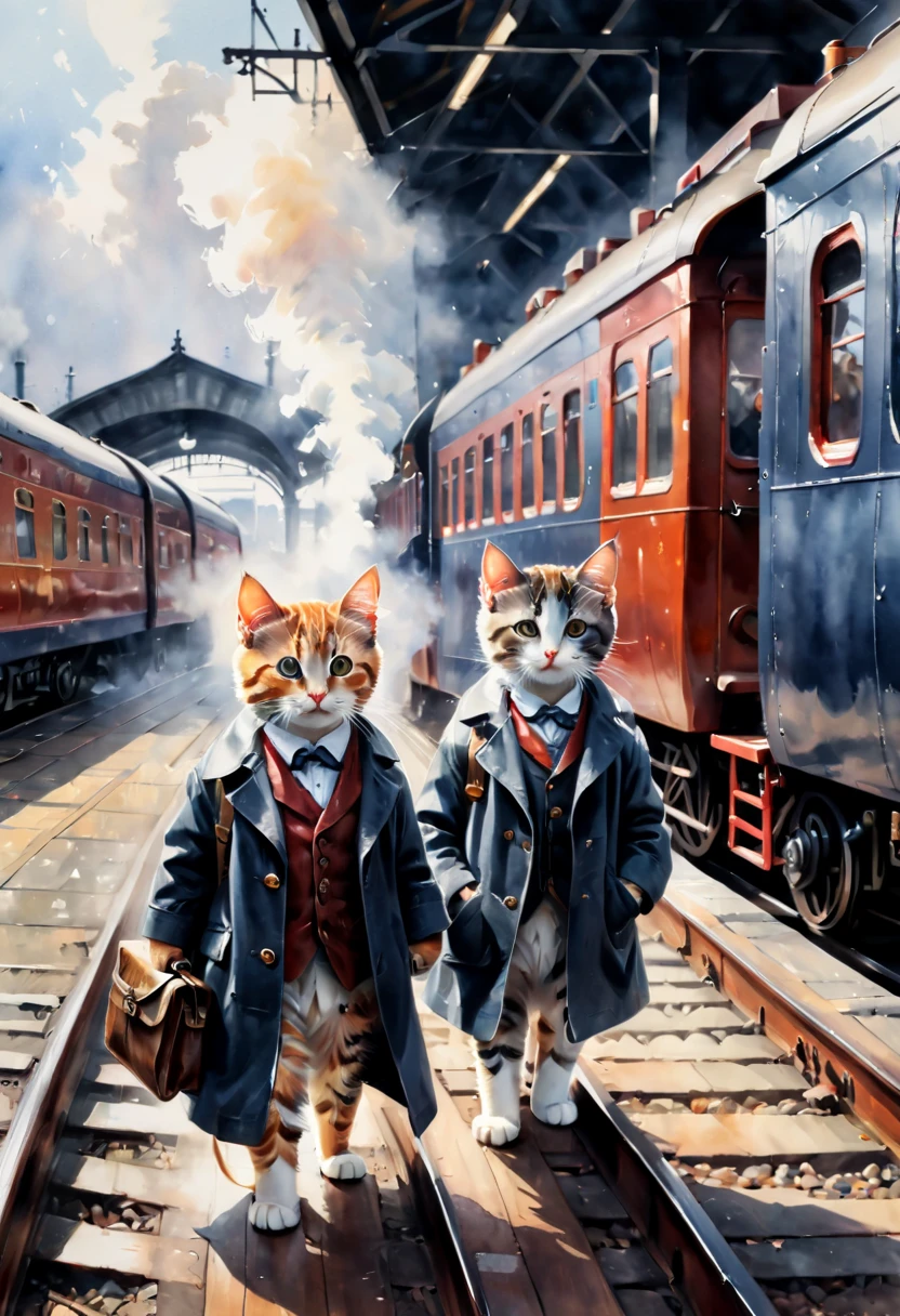 Painting of a magnificent railway station，The train enters the station,Retro blackhead steam train arriving at station.详细的watercolor painting,watercolor painting, CG Association Competition Winners, 社会主义realism, 详细的watercolor painting, detailed gouache paintings, detailed watercolor,People waiting for the train at the railway station.Peddler.Station scene. Close-up of two kittens in coats on train track platform..Cute look for traveling with luggage:1.4, bright, Fresh and contrasting, beautiful light and shadow .kitten dressed.no splash, realism, cute cat