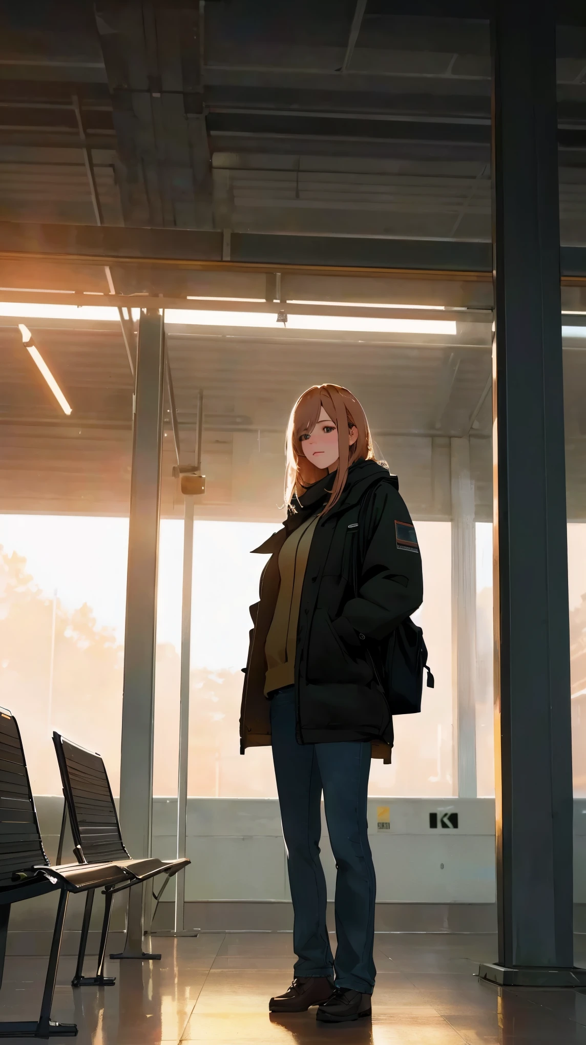 A person waiting for a train in a quiet atmosphere,soft lighting,deserted seats,outside view,train station Medium: illustration Image quality: (best quality,4k,8k,highres,masterpiece:1.2),ultra-detailed,(realistic,photorealistic,photo-realistic:1.37),HDR,UHD,studio lighting,sharp focus,physically-based rendering,extreme detail description,professional Art style: realistic Color tone: soft tones Lighting: soft and soothing