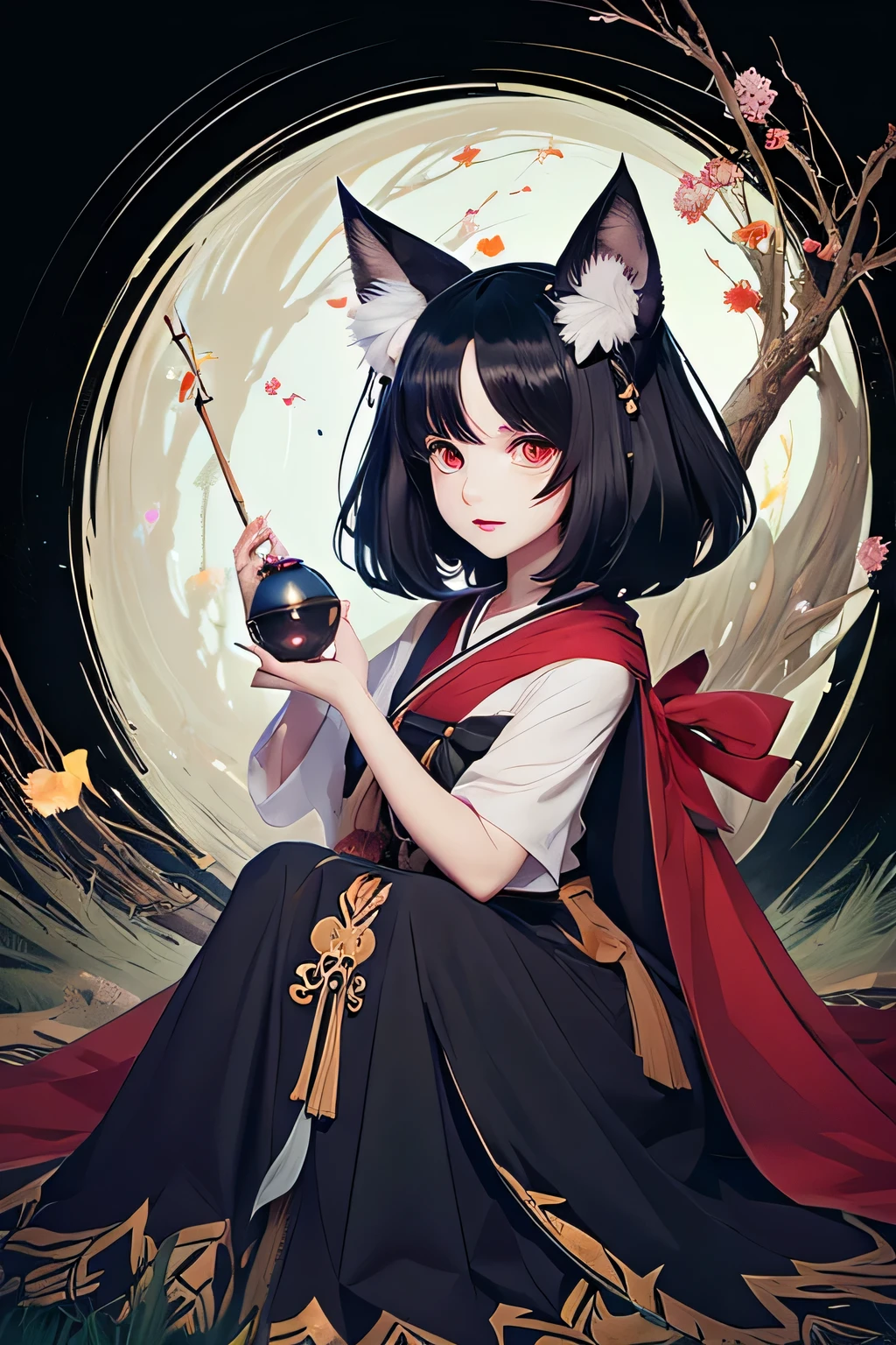 black-haired girl with fox ears,Full body Esbian,Painting of a black-haired fox sitting on a branch,amazing fox,Kyuubi fox,three tailed fox,onmyoji detailed art,Kyuubi,Beautiful artwork illustration,mythical creatures,Red fox,beautiful digital artwork,exquisite digital illustration,mizutsune , mythical creaturesワイルドネットからインスピレーションを得た,pixiv digital art,strong light,high contrast,Japanese movie themes,dark atmosphere、The background is a torii gate、shrine、Three dimensions
