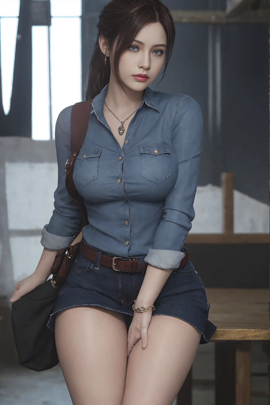 Claire Redfield from Resident Evil, posing seductively to viewer, solo:1, pov, beautiful thick thighs, front view
Sunny city background, long hair, 3/4 body, School Uniform