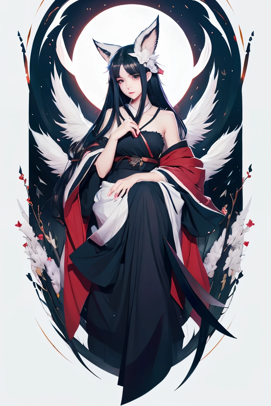 fox ears white hair girl，full body esbian，Painting of a black-haired fox sitting on a branch，fantastic fox，Kyuubiの狐，three tailed fox，onmyoji detailed art，Kyuubi，Beautiful artwork illustration，mythical creatures，Red fox，beautiful digital artwork，exquisite digital illustration，mizutsune , mythical creaturesワイルドネットからインスピレーションを得た，pixiv digital art，strong light，high contrast，horror movie themes，dark atmosphere
