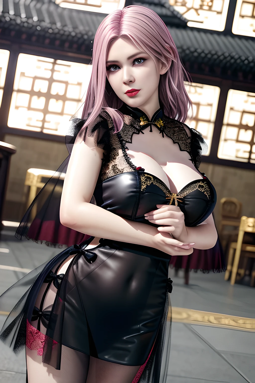 night,1 girl,Alice,(tulle cheongsam:1.4),lace, jewelry,Outdoor activities,  (standing posture),grace,(((red lips))), Lips slightly open,  clavicle,Lactation,(huge breasts:1.3),skin shiny,((8k, original photo, top quality, masterpiece)), HD RAW color photos professional close-up photos, (actual, photorealism: 1.37), (best quality),8k,Fabric luster,alone,