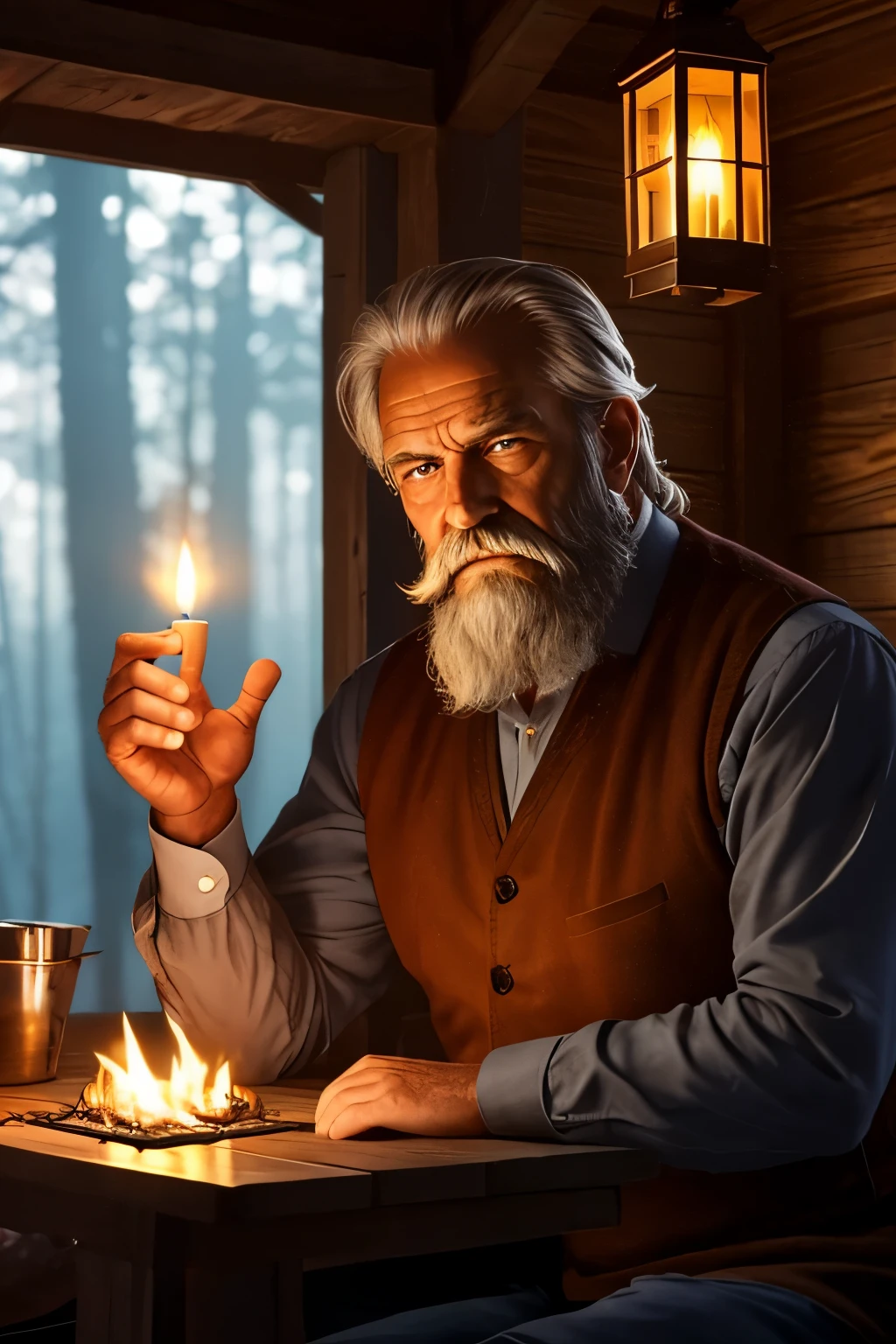 A captivating illustration of a man, aged and weathered by time, living without electricity. His wrinkled features bear the weight of experience, his intense gaze penetrating the darkness around him. His unkempt beard frames a rugged, determined face, framed by the soft glow of flickering lantern light. The scene takes place in a simple cabin, bathed in the amber hues of dusk, with his hands resting on a worn, wooden table. Candles cast dancing shadows on the walls, their flame flickering in the stillness of the night. The air around him is thick with the scent of campfire smoke and the earthy aroma of the forest. He wears a woolen