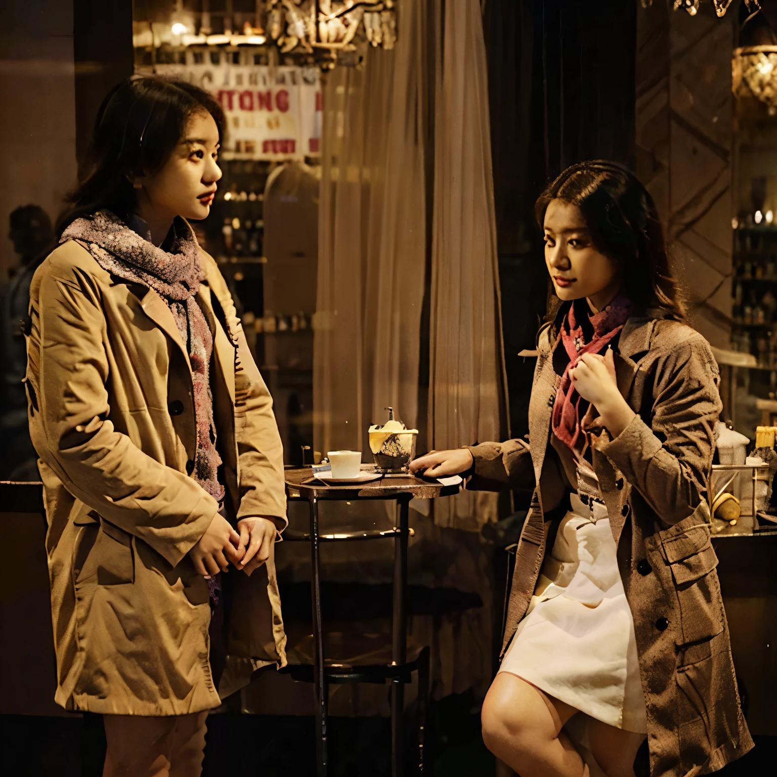 shani indira natio jkt48 as a woman and cornelia syifa vannisa jkt48 as a man or the genderbend. while holding hand in a cafe in paris using coat and scarf’s