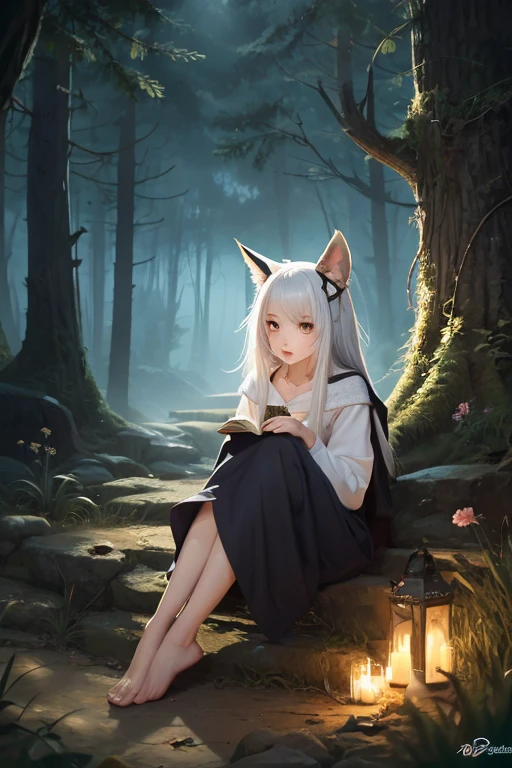 fox ears black hair girl，full body esbian，Painting of a black-haired fox sitting on a branch，fantastic fox，Kyuubiの狐，three tailed fox，onmyoji detailed art，Kyuubi，Beautiful artwork illustration，mythical creatures，Red fox，beautiful digital artwork，exquisite digital illustration，mizutsune , mythical creaturesワイルドネットからインスピレーションを得た，pixiv digital art，strong light，high contrast，Japanese movie themes，dark atmosphere、The background is a torii gate、shrine、three-dimensional

