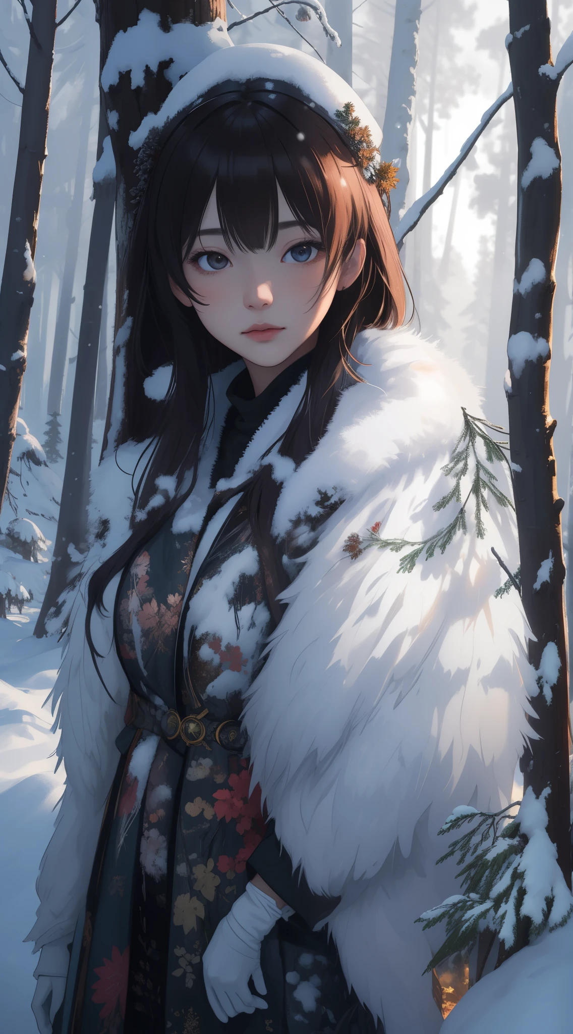 masterpiece, best quality, high quality, extremely detailed CG unity 8k wallpaper, taiga, silence, towering conifers covered with forest floor, harsh cold climate, serene beauty, snow, winter, mild summer, breeze, needles, branches, bokeh, depth fields, HDR, bloom, chromatic aberration, photorealistic, extremely detailed, popular on artstation, popular on CGsociety, complex, high detail, dramatic, art midway,more details, highest detailed, outfit intercate, uhd,dslr,8k, ultra graphics details, extremely,