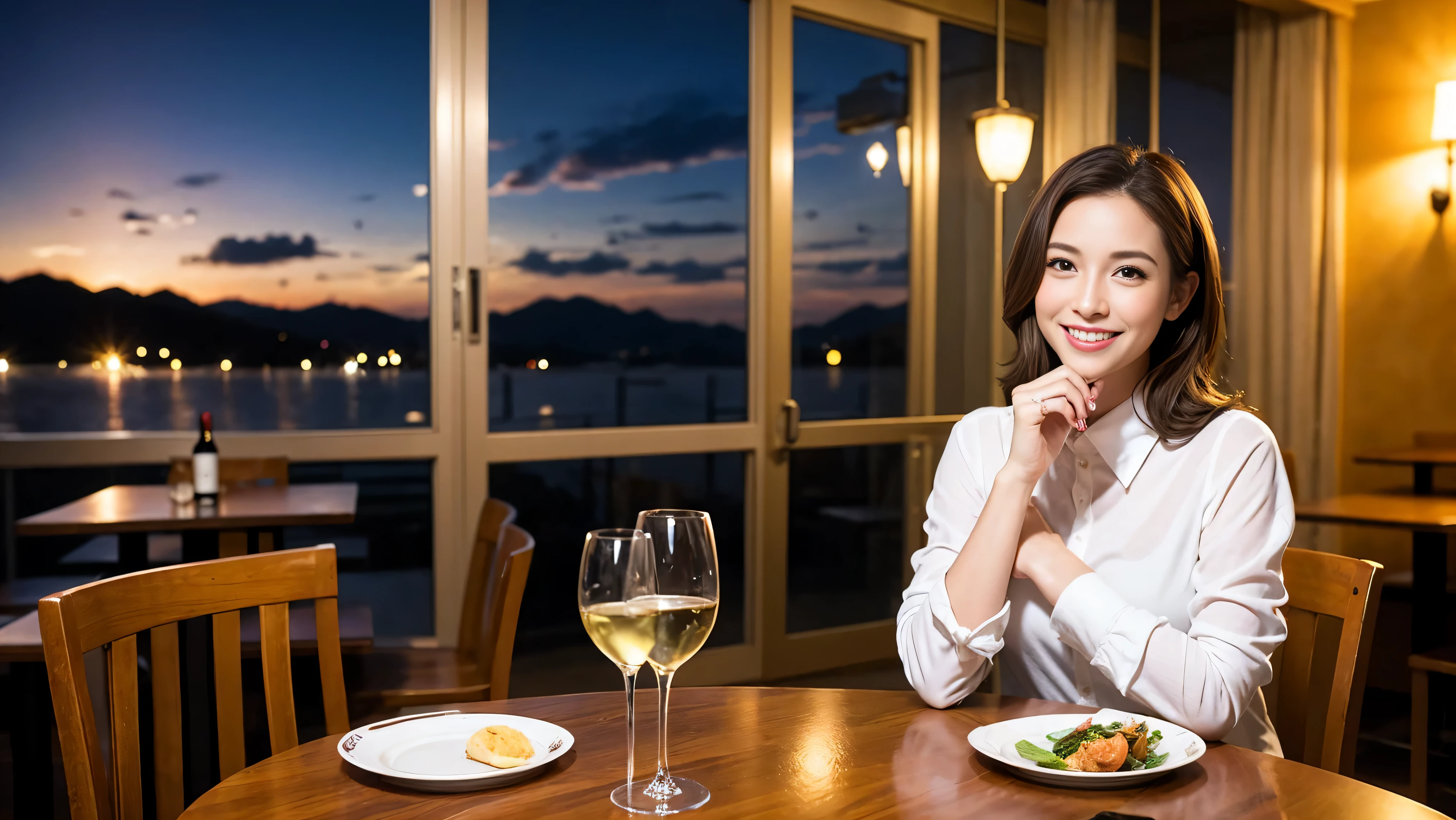 (including 64k, nffsw, highest quality, table top: 1.2), (realistic, photorealistic: 1.37), Spectacular view of the sunset sky and clouds、Amazing mountain views、long sleeve shirt、winter fashion、Columbia、Brazilian、Japanese、Dutch、German、Portuguese、Belgian、Italian、French,Champagne、sparkling wine、 (slimフェイス), (slimボティ), (brown hair), (shortcut), neat beauty、cheeks turn a little red, (35 years old), 38 years old, alone, 窓の外には美しく緻密なnight景が広がります., restaurant, wine glassが座っている, nightに, in a prominent place (from the Upper body) nova frog style, actress, model, Upper body, White wine, slim, wine glass, Super Clean night View, wine glass Put in the Middle, Happy smile, (smile: 1.15), beautiful and detailed eyes, Upper body, bust japan up, night, short, short, actress, model, Upper body, White wine, slim, wine glass, Super Clean night View, wine glass Put in the Middle, Happy smile,