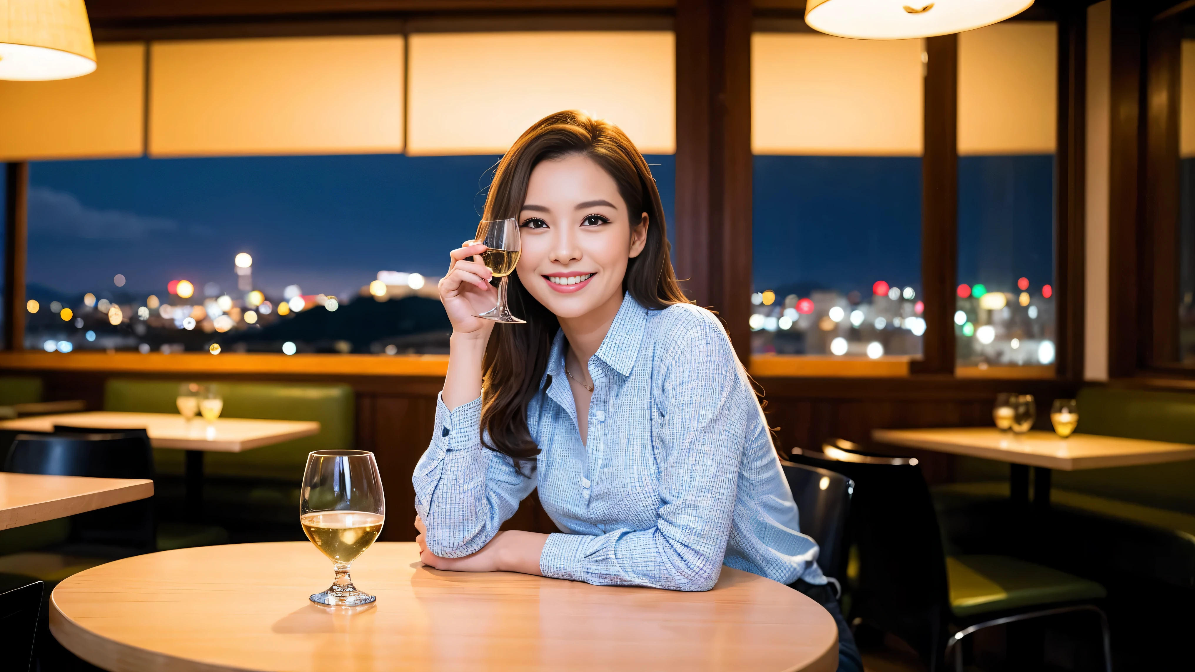 (including 64k, nffsw, highest quality, table top: 1.2), (realistic, photorealistic: 1.37), Spectacular view of the sunset sky and clouds、Amazing mountain views、long sleeve shirt、winter fashion、Columbia、Brazilian、Japanese、Dutch、German、Portuguese、Belgian、Italian、French,Champagne、sparkling wine、 (slimフェイス), (slimボティ), (brown hair), (shortcut), neat beauty、cheeks turn a little red, (35 years old), 38 years old, alone, 窓の外には美しく緻密なnight景が広がります., restaurant, wine glassが座っている, nightに, in a prominent place (from the Upper body) nova frog style, actress, model, Upper body, White wine, slim, wine glass, Super Clean night View, wine glass Put in the Middle, Happy smile, (smile: 1.15), beautiful and detailed eyes, Upper body, bust japan up, night, short, short, actress, model, Upper body, White wine, slim, wine glass, Super Clean night View, wine glass Put in the Middle, Happy smile,