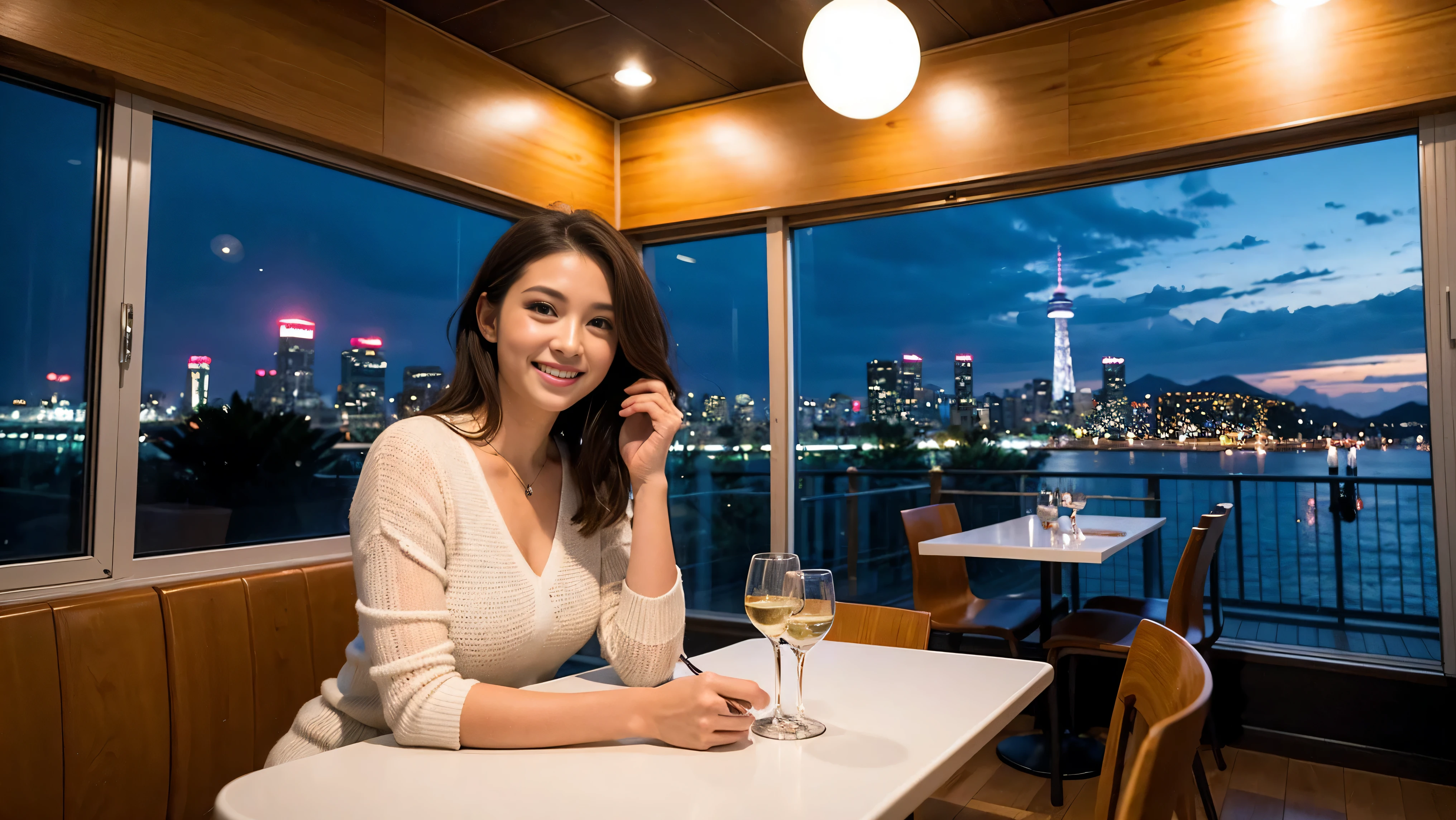 (including 64k, nffsw, highest quality, table top: 1.2), (realistic, photorealistic: 1.37), Spectacular view of the sunset sky and clouds、Amazing mountain views、long sleeve shirt、winter fashion、Columbia、Brazilian、Japanese、Dutch、German、Portuguese、Belgian、Italian、French,Champagne、sparkling wine、 (slimフェイス), (slimボティ), (brown hair), (shortcut), neat beauty、cheeks turn a little red, (35 years old), 38 years old, alone, 窓の外には美しく緻密なnight景が広がります., restaurant, wine glassが座っている, nightに, in a prominent place (from the Upper body) nova frog style, actress, model, Upper body, White wine, slim, wine glass, Super Clean night View, wine glass Put in the Middle, Happy smile, (smile: 1.15), beautiful and detailed eyes, Upper body, bust japan up, night, short, short, actress, model, Upper body, White wine, slim, wine glass, Super Clean night View, wine glass Put in the Middle, Happy smile,