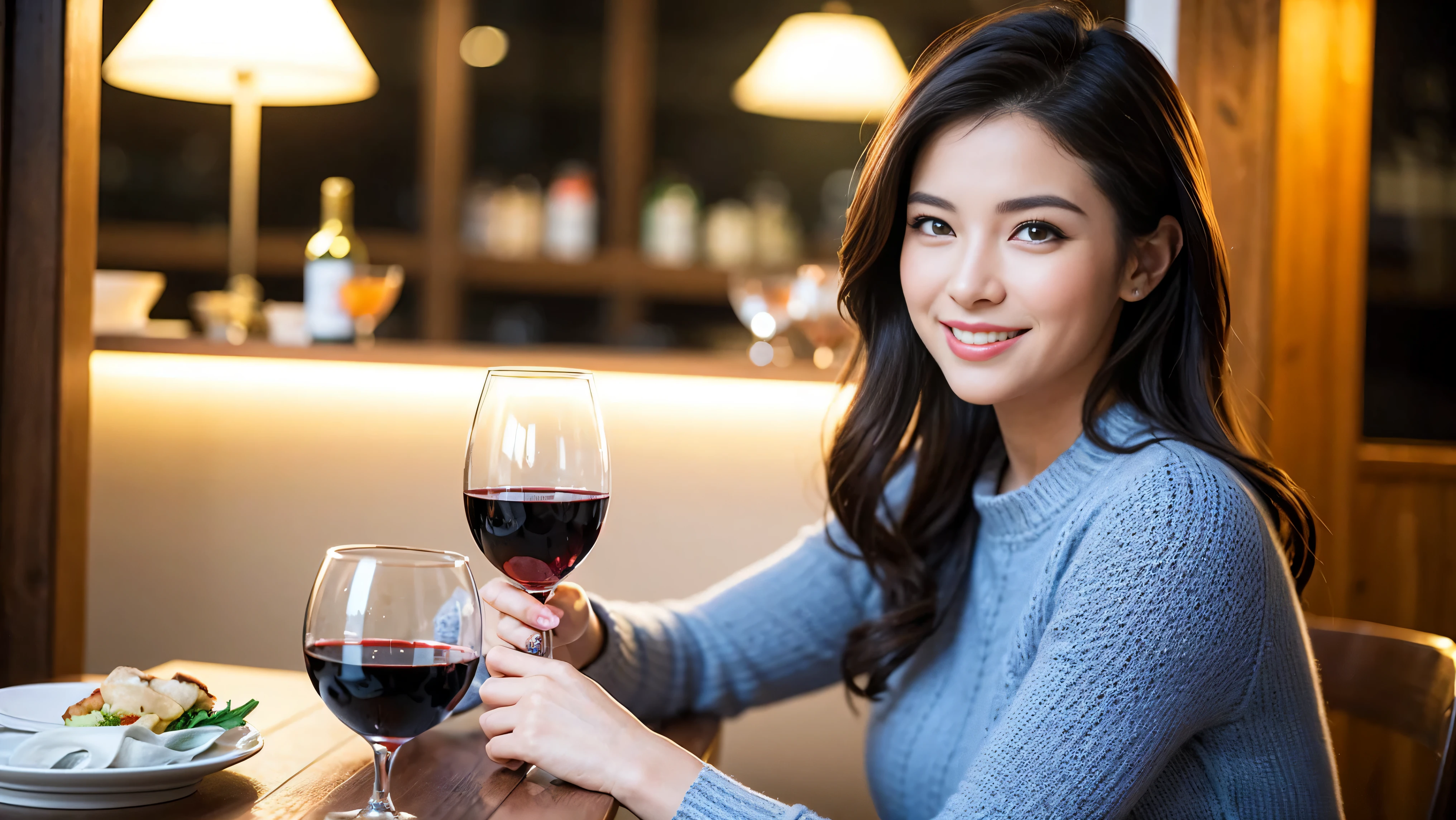 (including 64k, nffsw, highest quality, table top: 1.2), (realistic, photorealistic: 1.37), Spectacular view of the sunset sky and clouds、Amazing mountain views、long sleeve shirt、winter fashion、Columbia、Brazilian、Japanese、Dutch、German、Portuguese、Belgian、Italian、French,Champagne、sparkling wine、 (slimフェイス), (slimボティ), (brown hair), (shortcut), neat beauty、cheeks turn a little red, (35 years old), 38 years old, alone, 窓の外には美しく緻密なnight景が広がります., restaurant, wine glassが座っている, nightに, in a prominent place (from the Upper body) nova frog style, actress, model, Upper body, White wine, slim, wine glass, Super Clean night View, wine glass Put in the Middle, Happy smile, (smile: 1.15), beautiful and detailed eyes, Upper body, bust japan up, night, short, short, actress, model, Upper body, White wine, slim, wine glass, Super Clean night View, wine glass Put in the Middle, Happy smile,