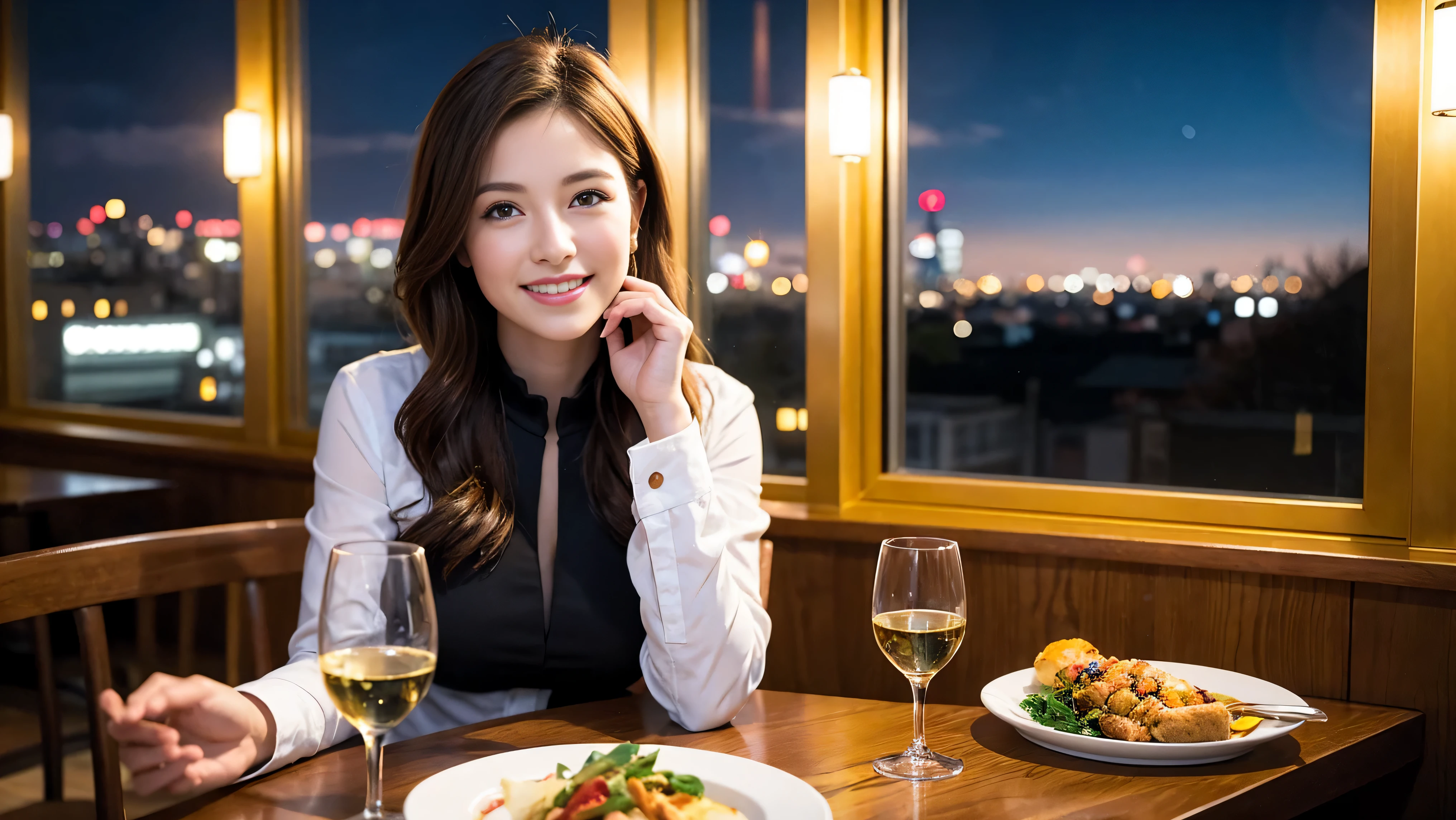 (including 64k, nffsw, highest quality, table top: 1.2), (realistic, photorealistic: 1.37), Spectacular view of the sunset sky and clouds、Amazing mountain views、long sleeve shirt、winter fashion、Columbia、Brazilian、Japanese、Dutch、German、Portuguese、Belgian、Italian、French,Champagne、sparkling wine、 (slimフェイス), (slimボティ), (brown hair), (shortcut), neat beauty、cheeks turn a little red, (35 years old), 38 years old, alone, 窓の外には美しく緻密なnight景が広がります., restaurant, wine glassが座っている, nightに, in a prominent place (from the Upper body) nova frog style, actress, model, Upper body, White wine, slim, wine glass, Super Clean night View, wine glass Put in the Middle, Happy smile, (smile: 1.15), beautiful and detailed eyes, Upper body, bust japan up, night, short, short, actress, model, Upper body, White wine, slim, wine glass, Super Clean night View, wine glass Put in the Middle, Happy smile,