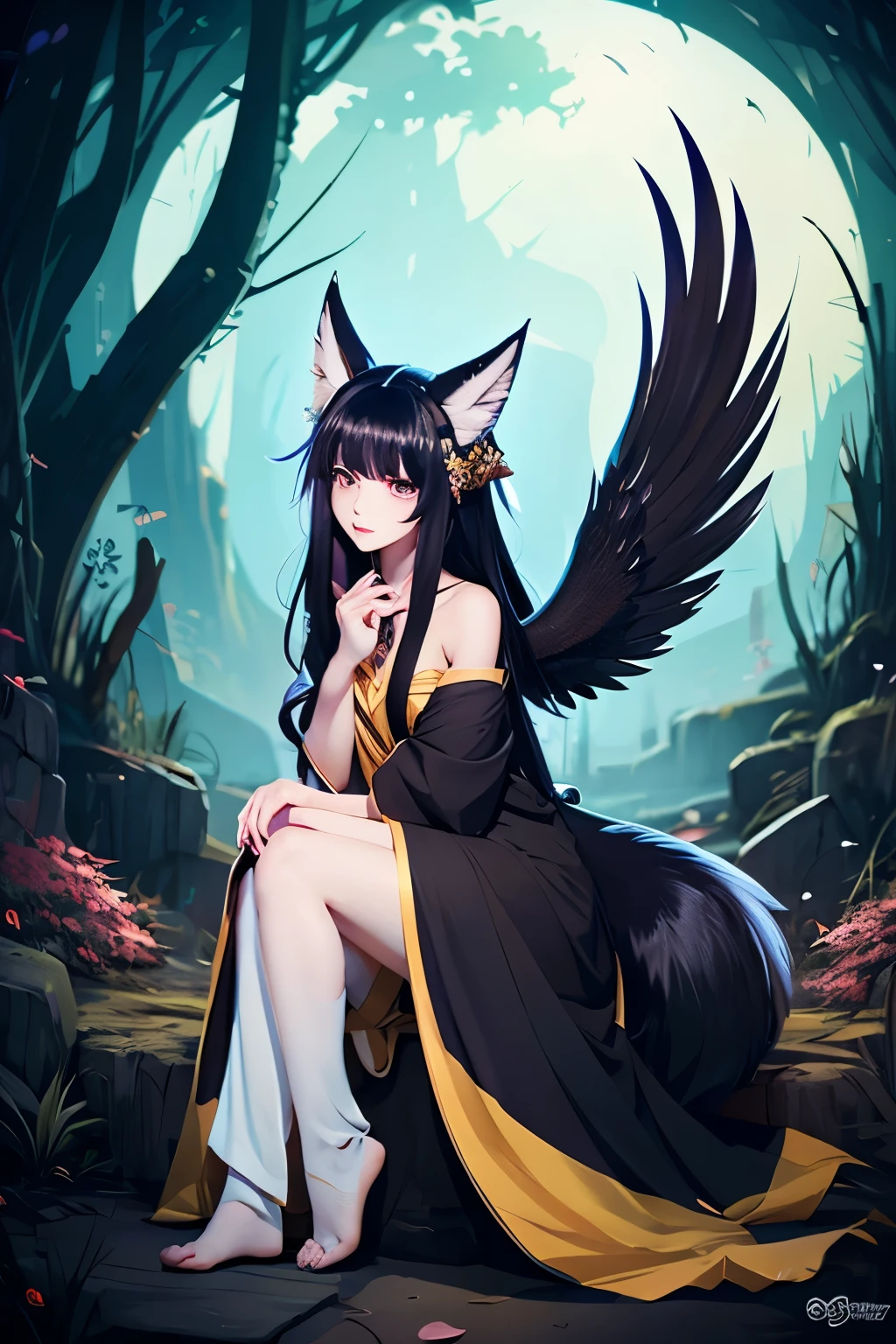 fox ears black hair girl，full body esbian，Painting of a black-haired fox sitting on a branch，fantastic fox，Kyuubiの狐，three tailed fox，onmyoji detailed art，Kyuubi，Beautiful artwork illustration，mythical creatures，Red fox，beautiful digital artwork，exquisite digital illustration，mizutsune , mythical creaturesワイルドネットからインスピレーションを得た，pixiv digital art，strong light，high contrast，Japanese movie themes，dark atmosphere、The background is a torii gate、shrine、three-dimensional
