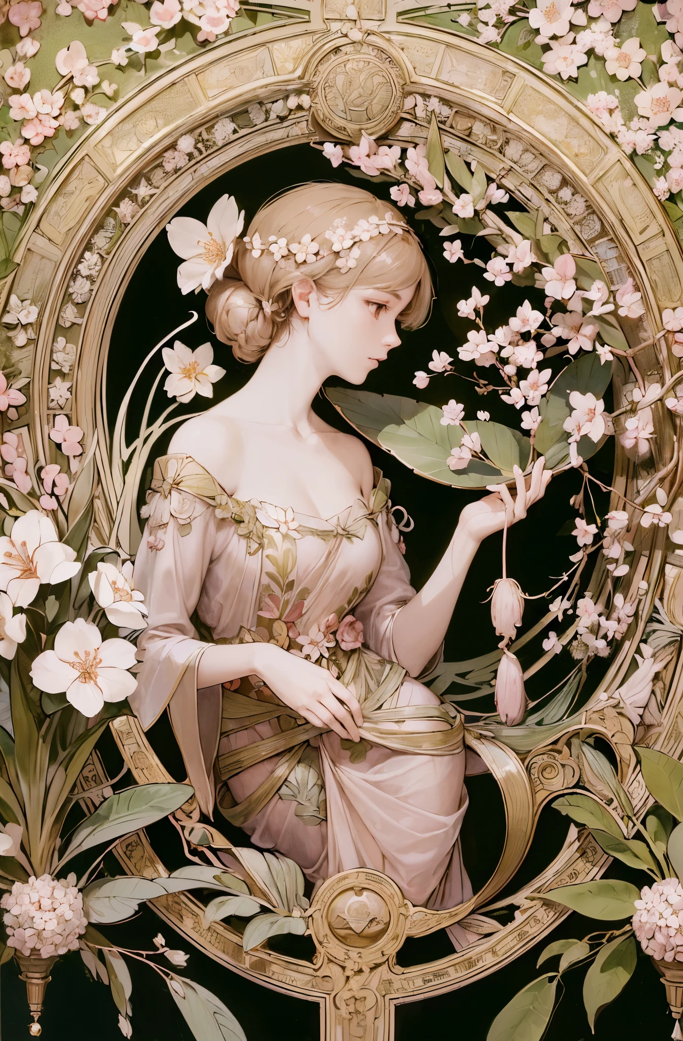 Cherry Blossom Goddess、((Less skin exposed;1.7))、((look outside the camera))、botanical relief、Incorporated cherry blossoms、((植物のIncorporated cherry blossomsデザイン:1.5))、detailed flower decoration、Portrait of European woman face , Long Mucha style flowing hair, blonde, flower frame, decorative panel, abstract artistic, By Alphonse Mucha, (masterpiece, highest quality, High resolution:1.4), be familiar with, intricate details, 4k, splash of color, line drawing, fibonacci, Paintings in the style of Alphonse Mucha、The overall theme is pink and white.