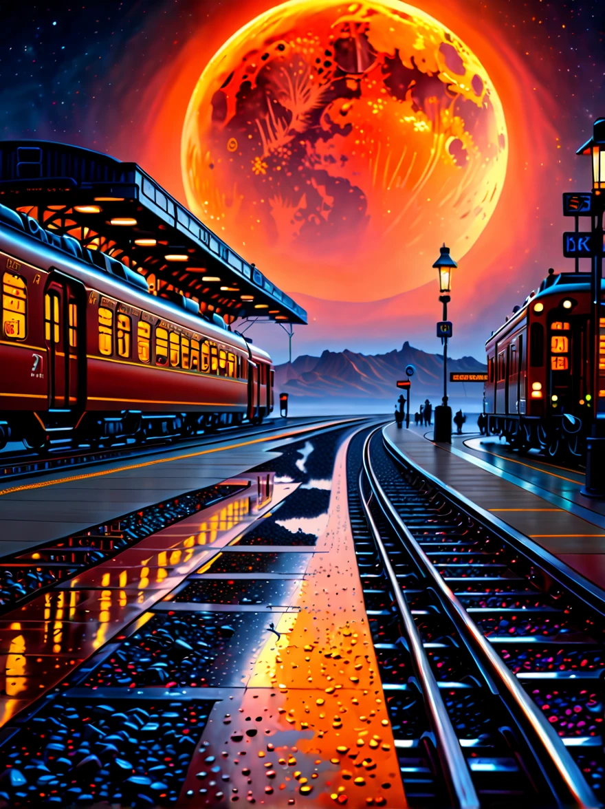(best quality,8k,high resolution,masterpiece),Super fine,(1.4x more realism),HDR,UHD,studio lighting,Super fine,sharp focus,Physically based rendering,Extremely detailed description,major,Vivid colors,Bokeh,(A train station in a lunar crater:1.5),Beautiful lighting,science fiction fantasy,full of details,concept art,dramatic lighting,science fiction art,stunning ripples,soft focus,rich colors,Full of life,Energetic,Paintings by Caspar David Friedrich