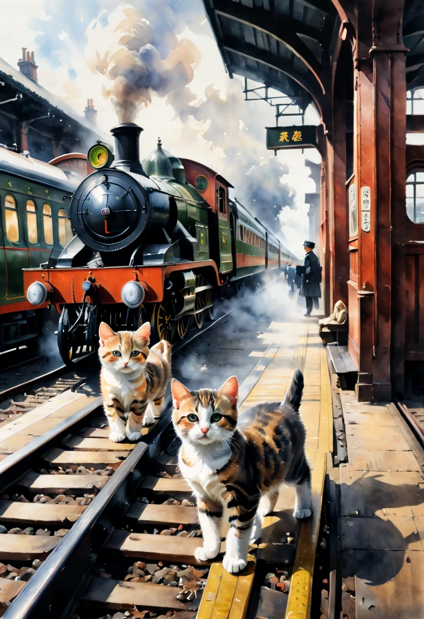 Painting of a magnificent railway station，The train enters the station,Retro blackhead steam train arriving at station.详细的watercolor painting,watercolor painting, CG Association Competition Winners, 社会主义realism, detailed watercolor, detailed gouache paintings, detailed watercolor,People waiting for the train at the railway station.Peddler.Station scene. Close-up of two kittens in coats on train track platform..Cute look for traveling with luggage:1.4, bright, Fresh and contrasting, beautiful light and shadow .kitten dressed.no splash, realism, cute cat