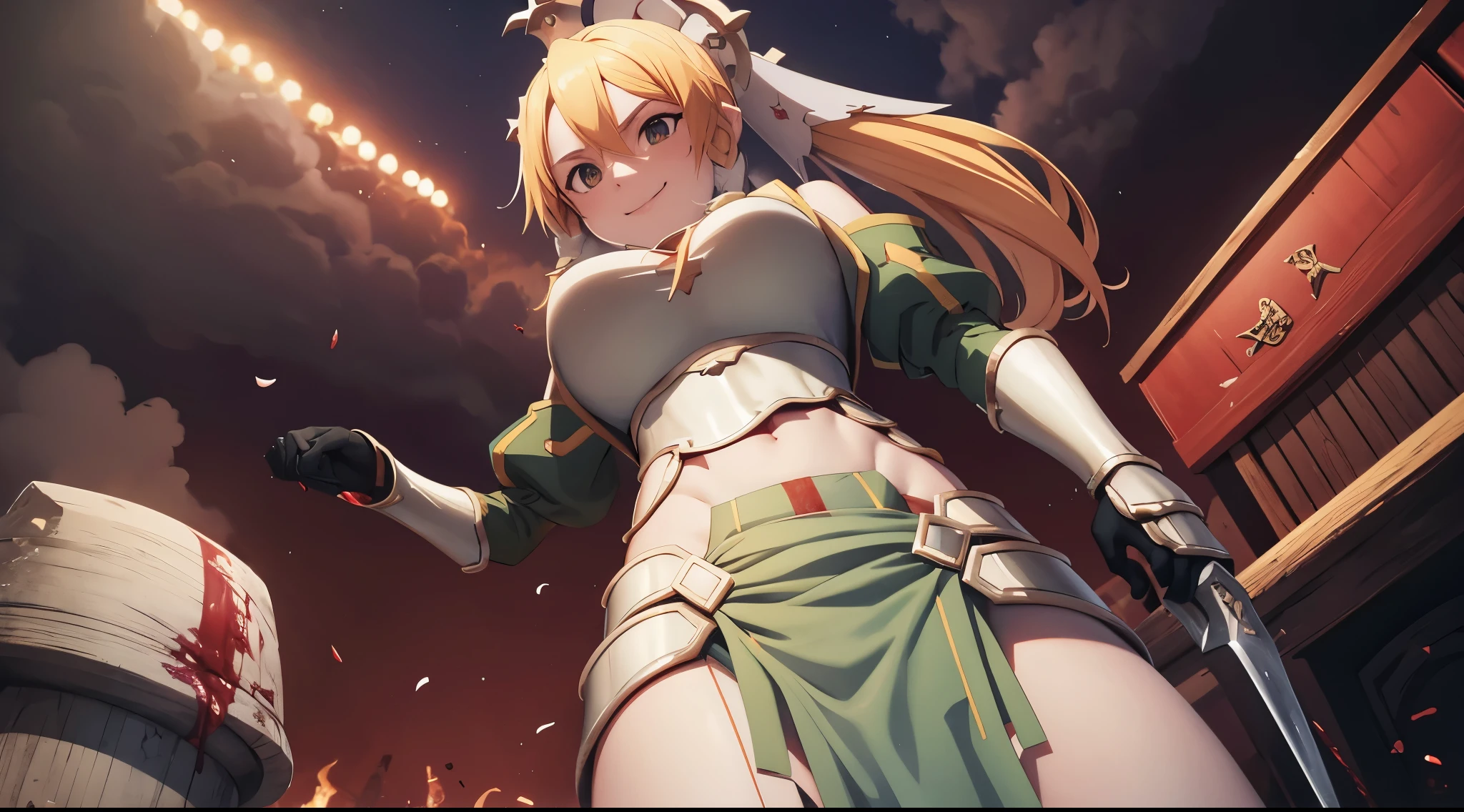 girl, massacre, belly button, big breasts, Queen, massacre, Blood on the body, Blood on the armor, Blood on the belly button, Blood on the stomach, Blood on the breasts, provocation, expensive, long sword, slashing sword, 飛び散るBlood, Blood, sword, war, underwear, kill, cut off the head, shot from below, sensual, Blood on the breasts, smile, miscellaneous soldiers