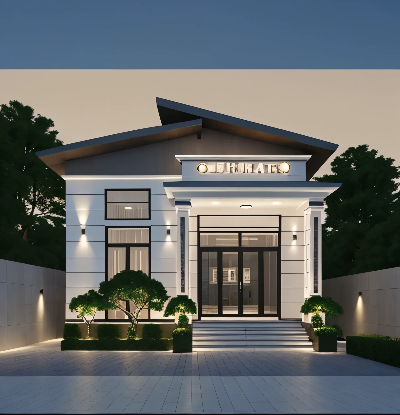 Realistic images, extremely detailed, a modern house,(((1 road in font of house))), large yard made by ceramic, (1 car), brick fence, lawn, a few small flowers, a road in front of the house, main materials of the house are white walls and red brick, Modern design, clear blue sky, sunrise light, light from inside, dynamic light,shimering light, cinematic light, romantic feeling, (((day light, warm light)))