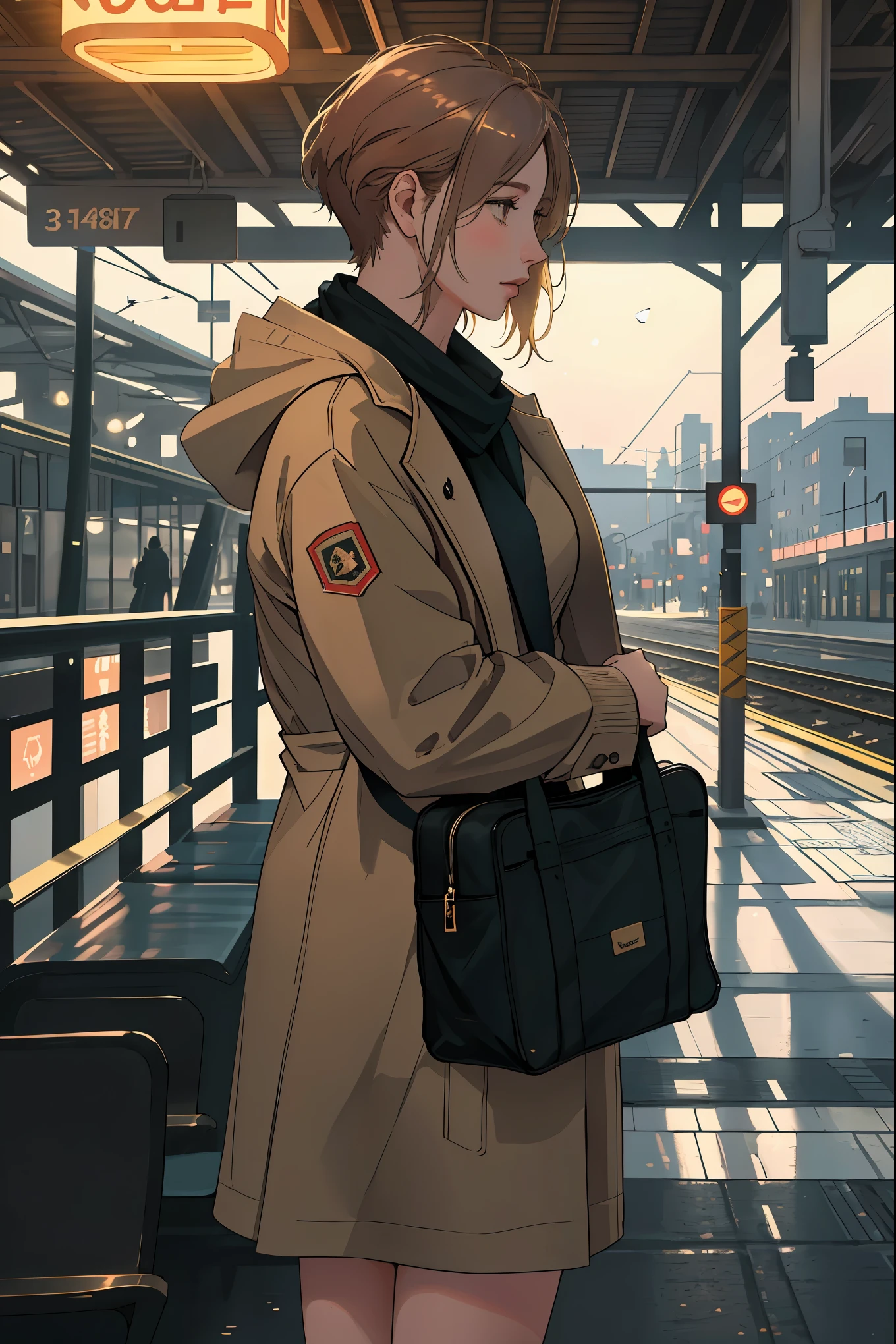 A person waiting for a train in a quiet atmosphere,soft lighting,deserted seats,outside view,train station Medium: illustration Image quality: (best quality,4k,8k,highres,masterpiece:1.2),ultra-detailed,(realistic,photorealistic,photo-realistic:1.37),HDR,UHD,studio lighting,sharp focus,physically-based rendering,extreme detail description,professional Art style: realistic Color tone: soft tones Lighting: soft and soothing
