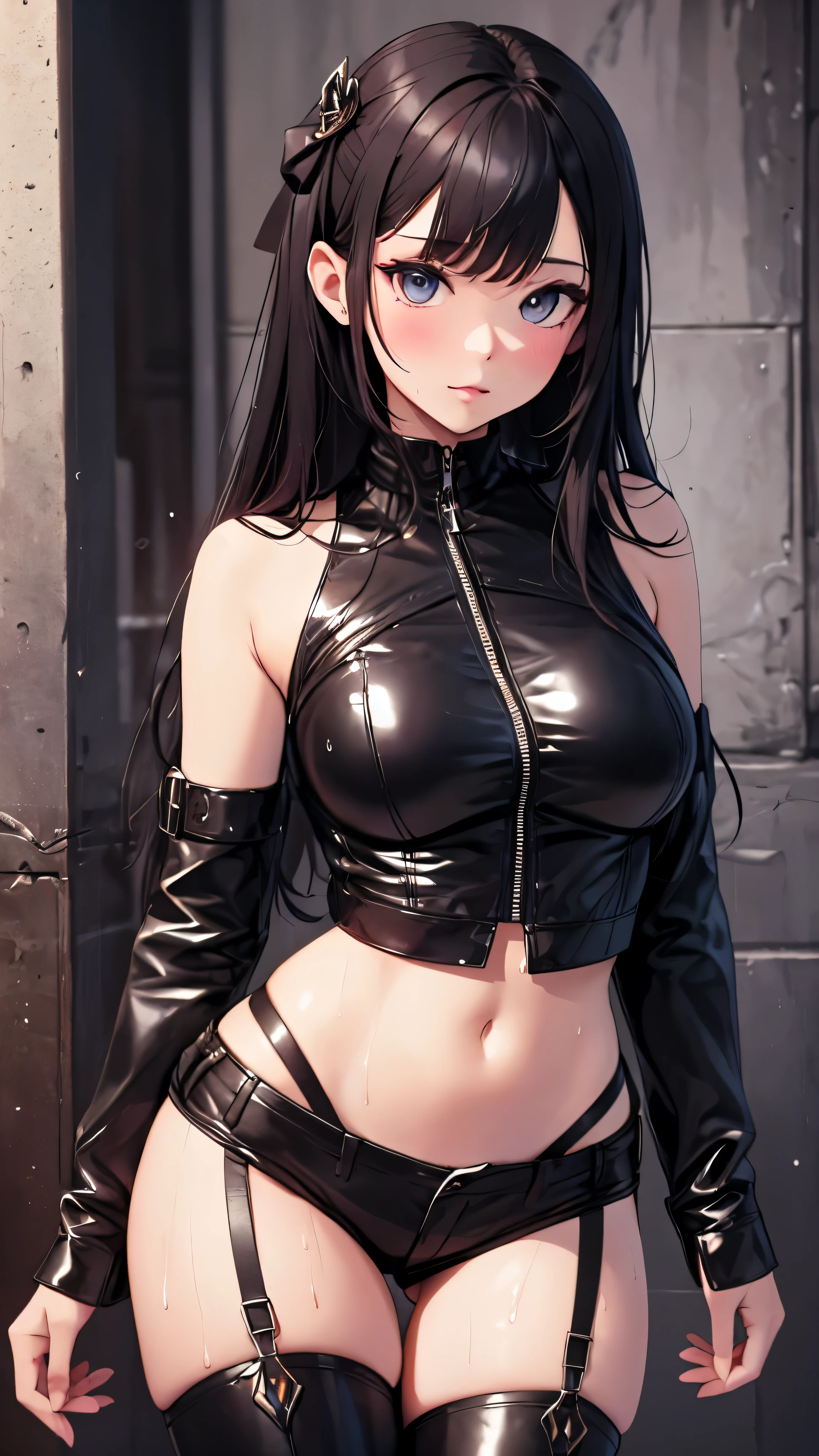 High resolution, woman , good lighting, despicable, , (No nudity), (((micro leather shorts))), ((tight leather top)), (((leather thigh high boots))), (garter belt), abdomen only, (wet shorts),  ,  cute face, I&#39;Iは恥ずかしくて赤面します, humiliating, ((spread your legs)), (())