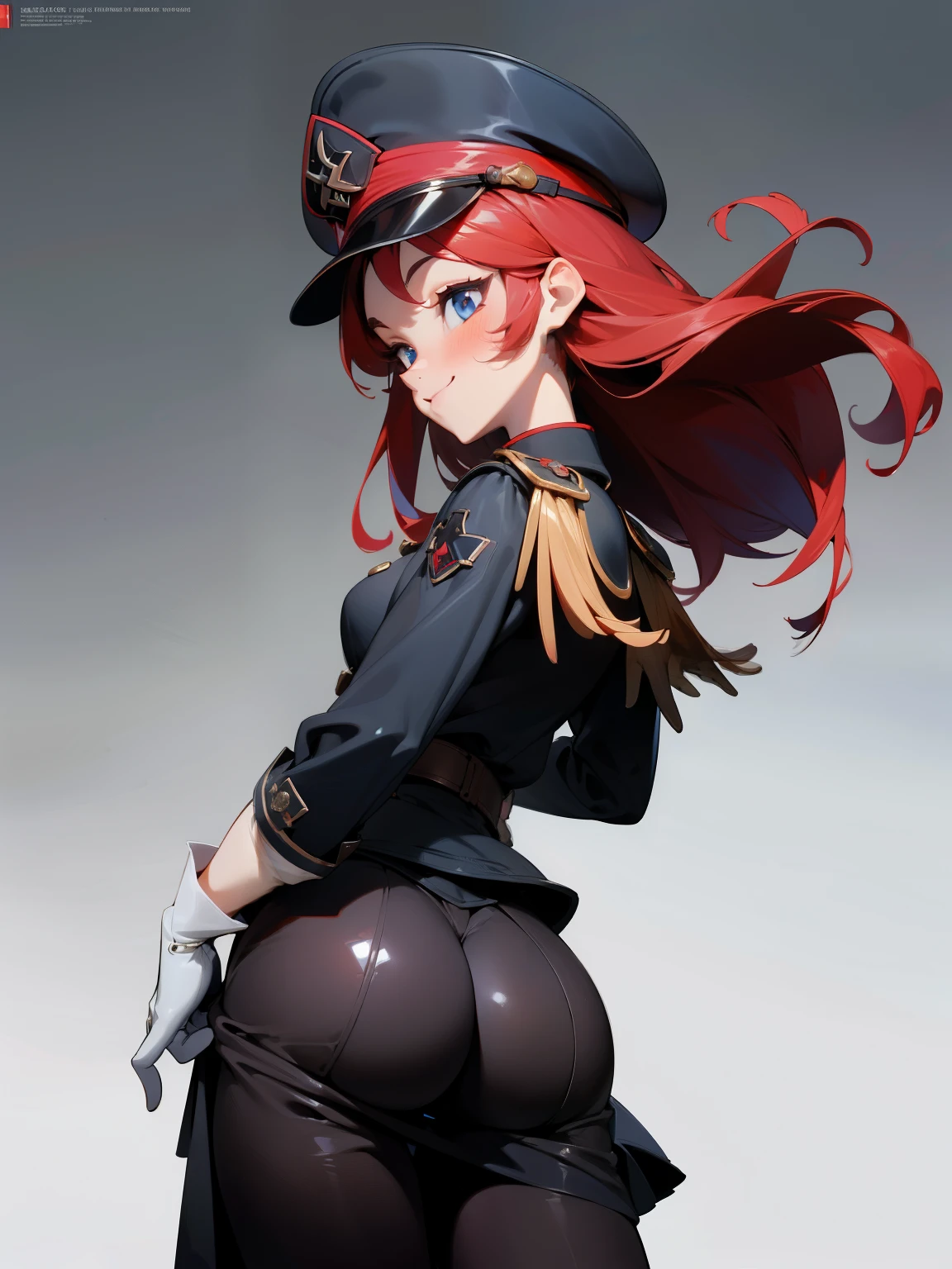 (absurdres,official art,unity 8k wallpaper,ultra detailed,High quality,best quality),1girl, detail face, beautiful eyes, red hair, iron cross,blush,peaked cap, skirt,ass,smile,two side up,(ass support),(hands on own ass),white gloves,military uniform,highly detailed,absurdres,masterpiece,