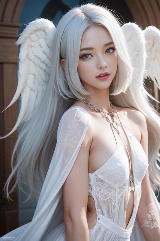 8k, Best Quality, Detailed, Ultra High Definition, Masterpiece, Portrait, Elongated, Smiling, (Compensation: 0.4), (Fluffy Blue Eyes: 1.21), Large Blue Eyes, Viewer, ((Full Length)), One Girl, One Person, Close-up Shot, (((Tall)), ((Slim Face)) sharp face, sharp eyes, (((white hair, long hair, ))), ((detailed face)), small lips, (((small angel wings))), (((white dress, ))), detailed breasts, big tits, detailed nipples (pink, cute), detailed ass, pink and cute pussy, detailed nipples, slim abs highlighted Beautiful girl with: 1. 4, Six pack abs: 1.4, bust botox, perfect body, slim legs, (((in heaven))), 18 years old, looks much younger than her age.